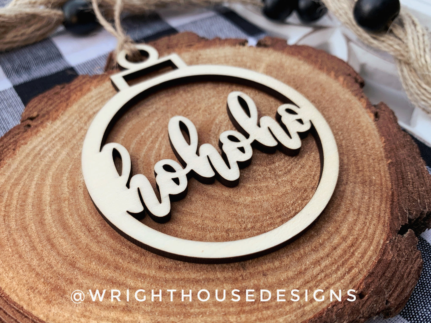 HoHoHo Wooden Christmas Tree Ball Ornament - Laser Cut - Stocking Stuffer - Present Tag - Gift Wrapping Accessory