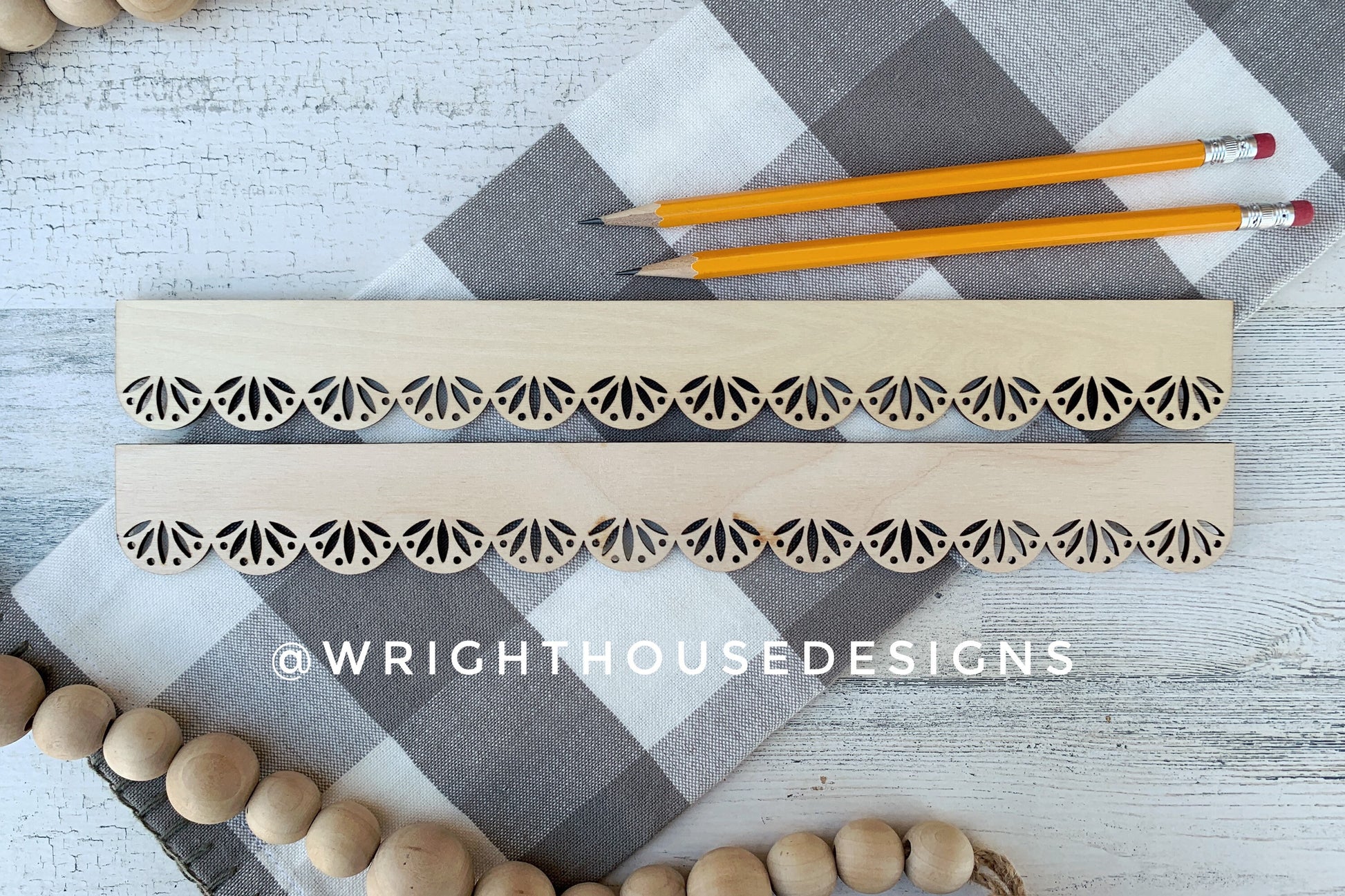 Wooden Laser Engraved Standard Ruler - Decorative Scallop Pattern - Personalized School and Office Supplies - Custom Logo Monogram