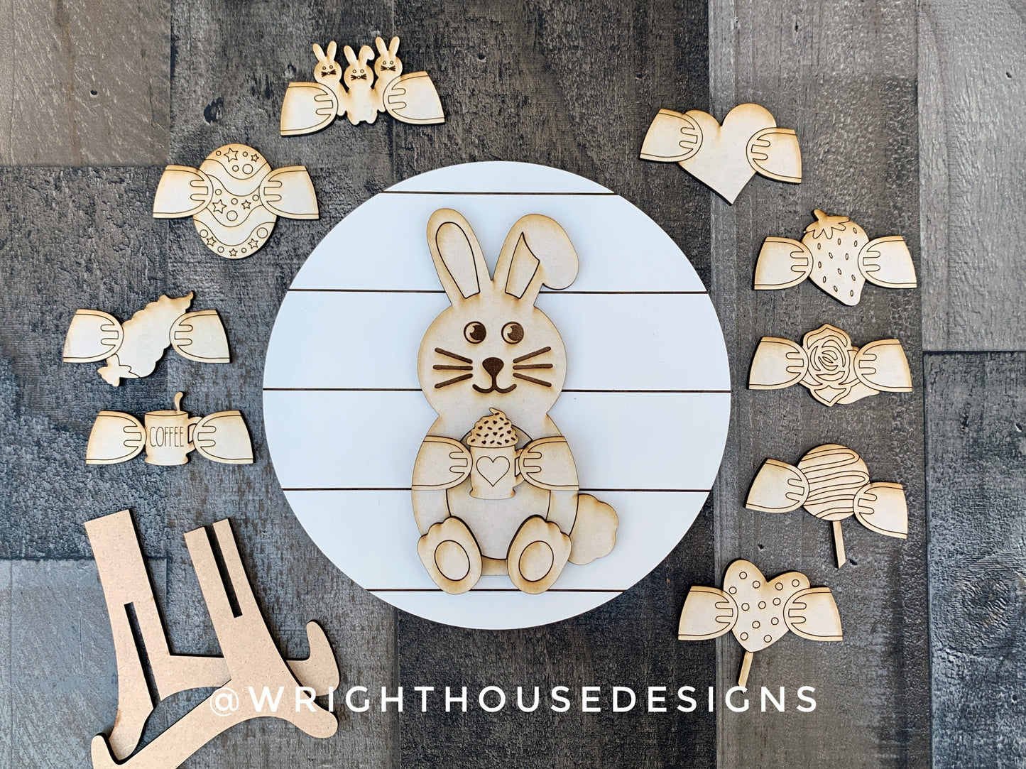 Easter Bunny Rabbit Interchangeable Sign - Valentine's - Mother's Day - DIY Paint Party Kids Craft - Seasonal Shiplap Round Sign With Stand
