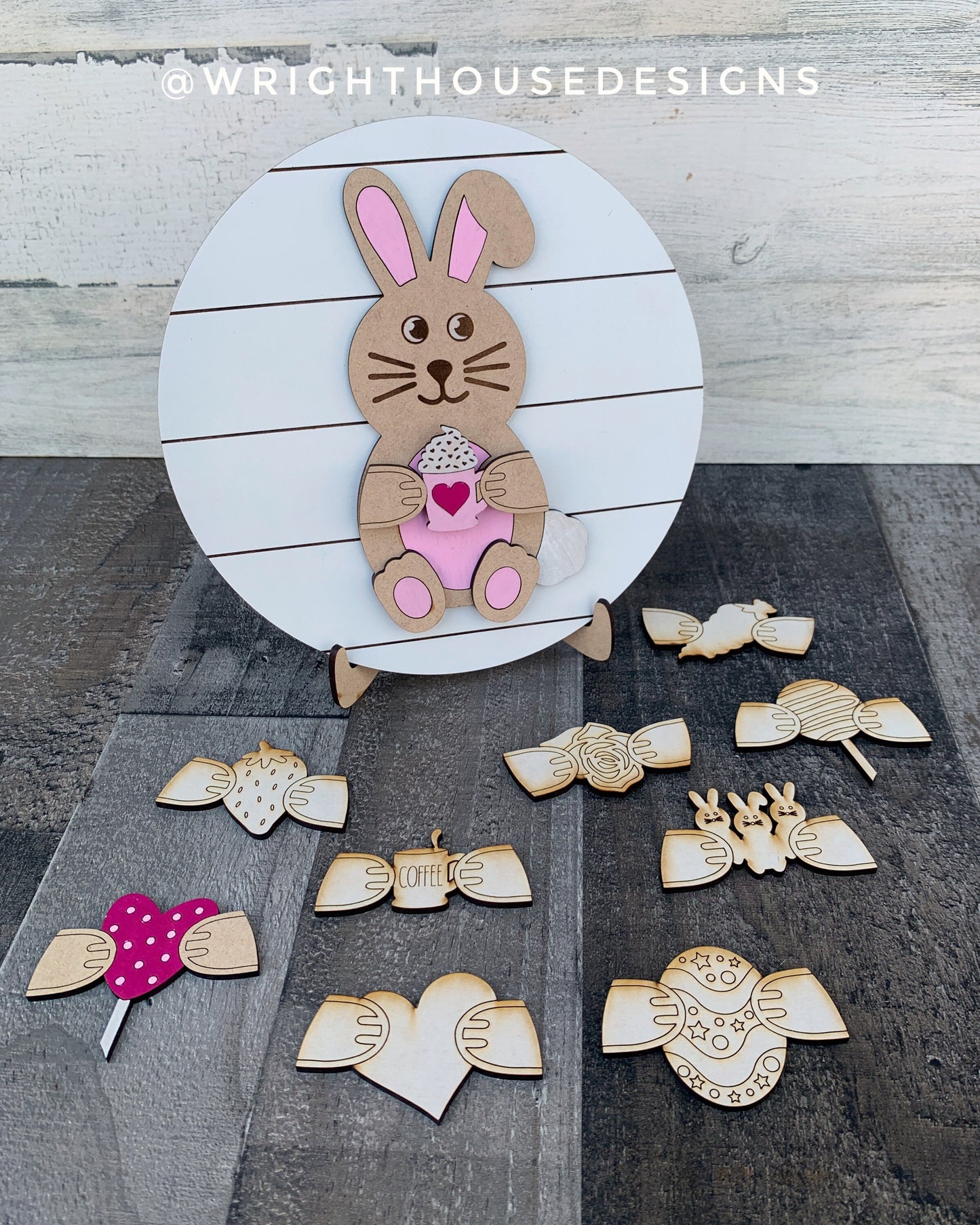 Easter Bunny Rabbit Interchangeable Sign - Valentine's - Mother's Day - DIY Paint Party Kids Craft - Seasonal Shiplap Round Sign With Stand