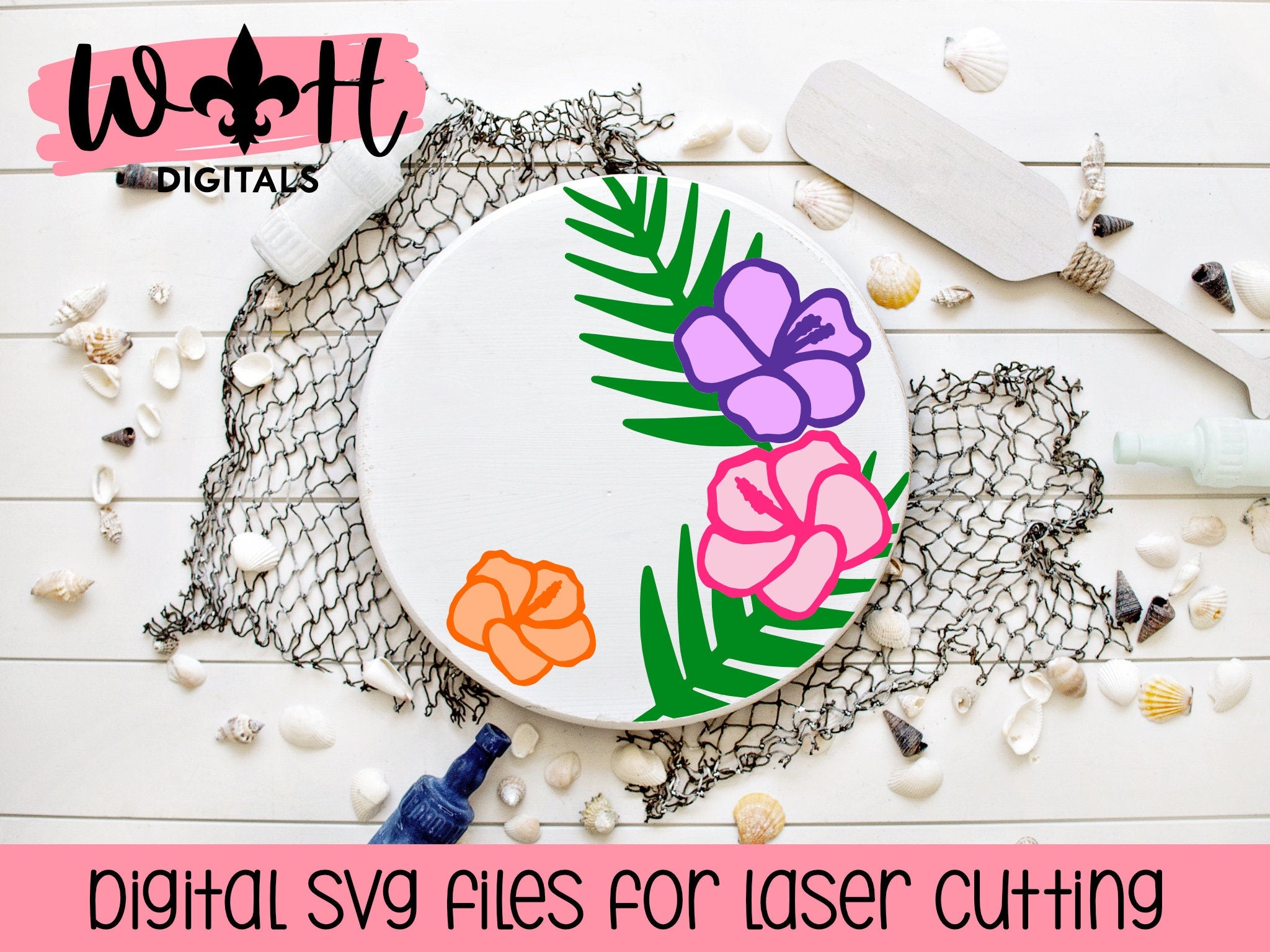 DIGITAL FILE - Tropical Hibiscus Palms - Floral Round - Files for Sign Making - SVG Cut File For Glowforge