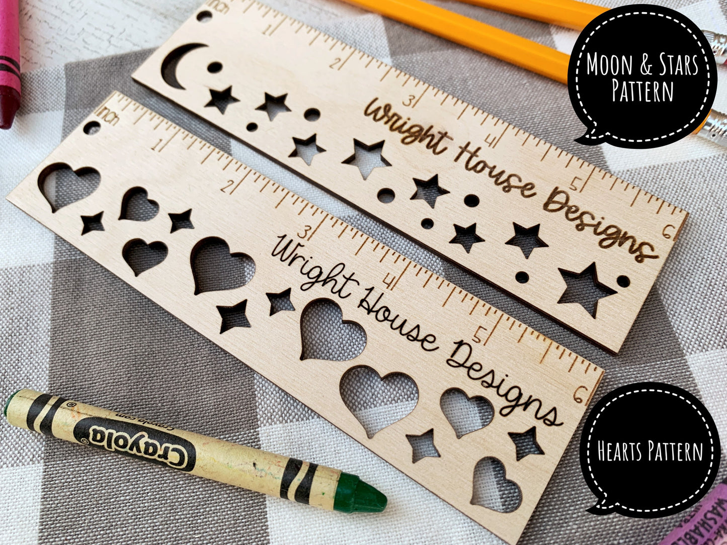 Wooden Laser Engraved Ruler - Fun Decorative Pattern - Personalized School and Office Supplies - Custom Monogram Ruler For Kids and Teachers