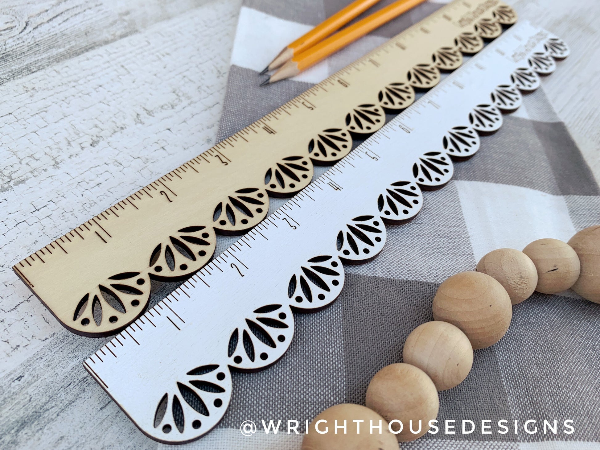 Wooden Laser Engraved Standard Ruler - Decorative Scallop Pattern - Personalized School and Office Supplies - Custom Logo Monogram