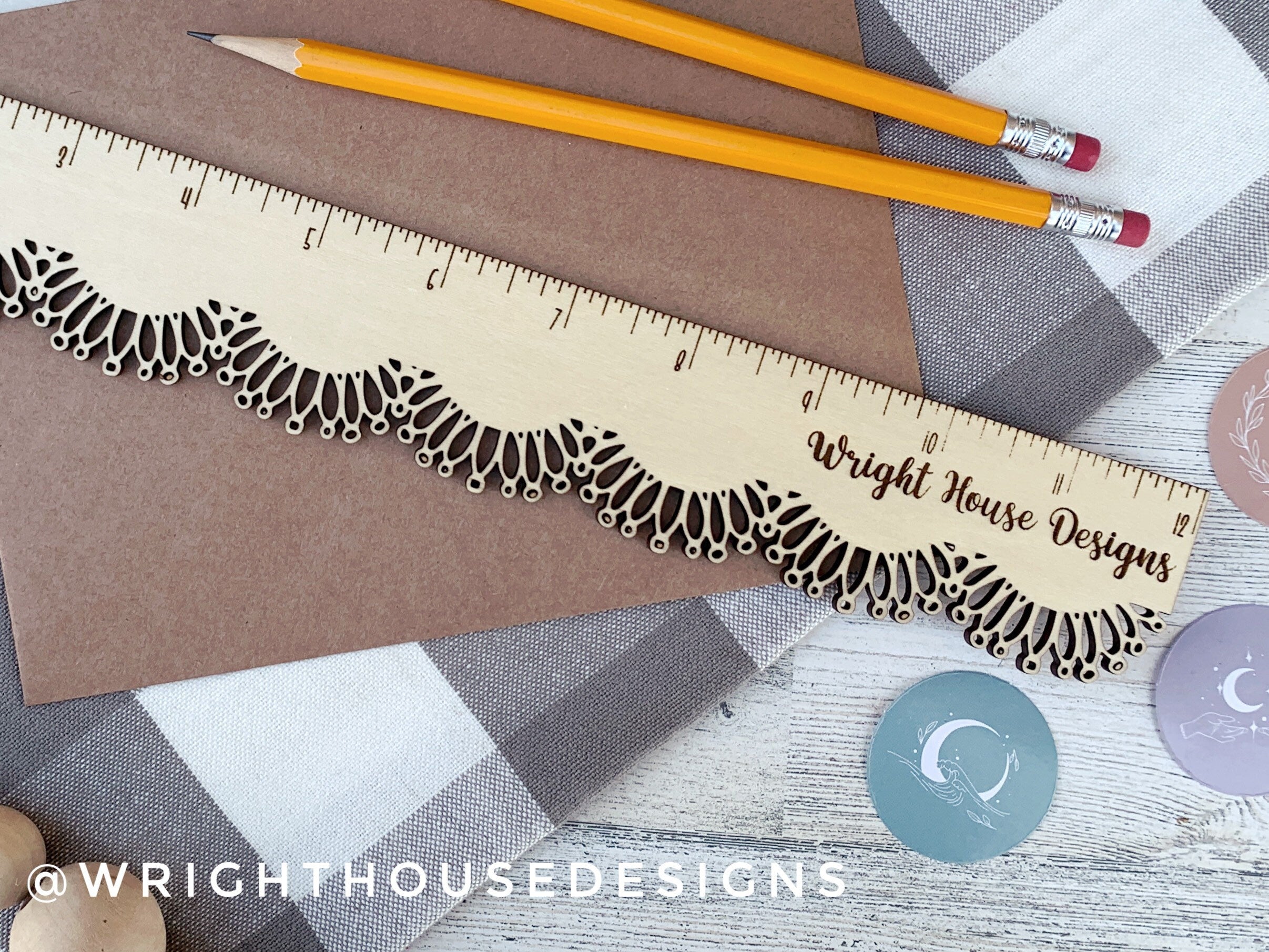 Wooden Laser Engraved Standard Ruler - Decorative Lace Pattern - Personalized School and Office Supplies - Custom Logo Monogram Ruler