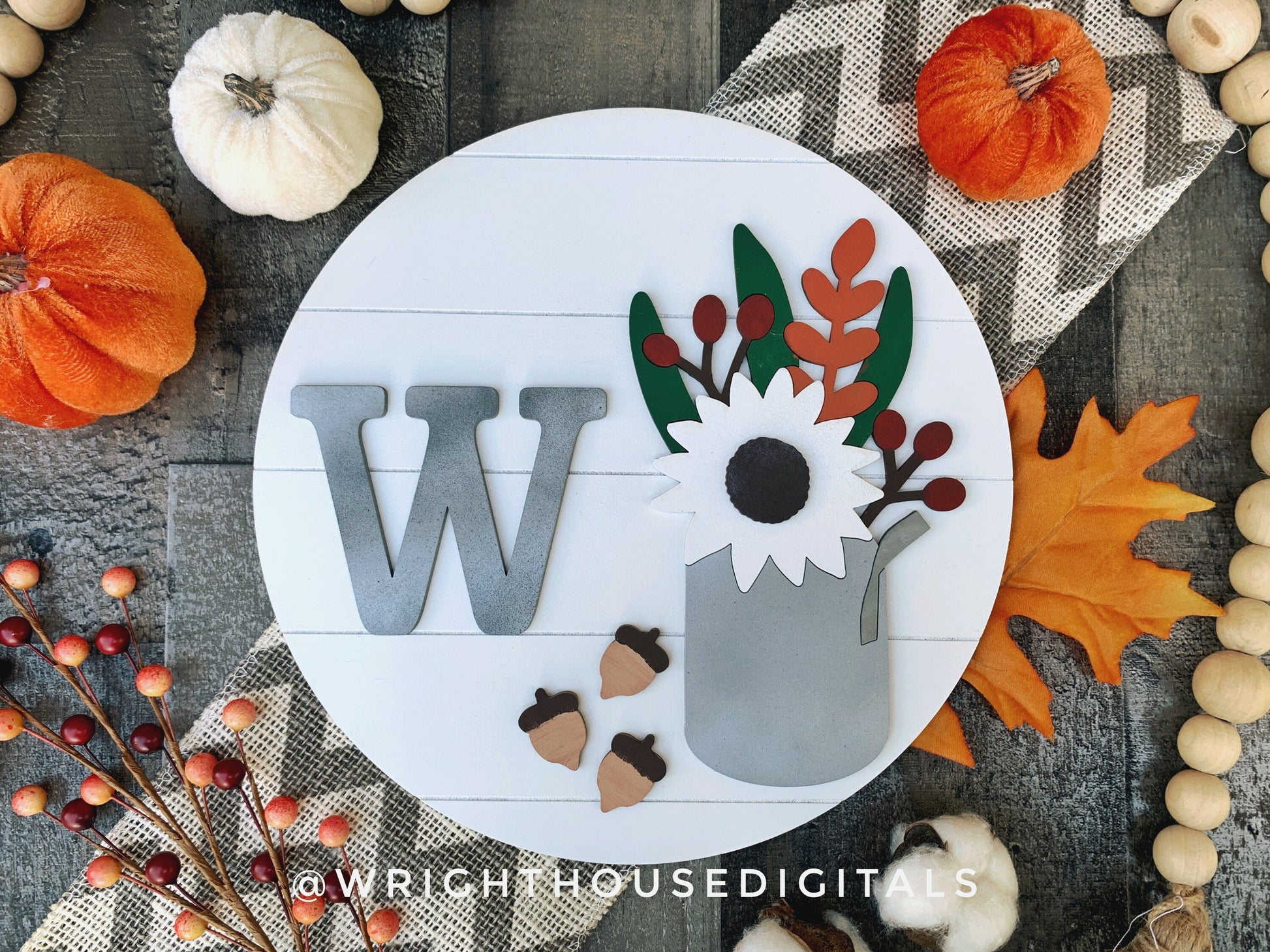 Autumn Farmhouse Fall Foliage - Sunflower - Galvanized Style Milk Can - Personalized Monogram - Shiplap Round - Seasonal Shelf Sitter Sign