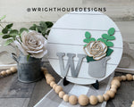 Load image into Gallery viewer, Southern Farmhouse Rose - Eucalyptus - Galvanized Style Milk Can - Personalized Monogram - Shiplap Round - Yearly Shelf Sitter Sign
