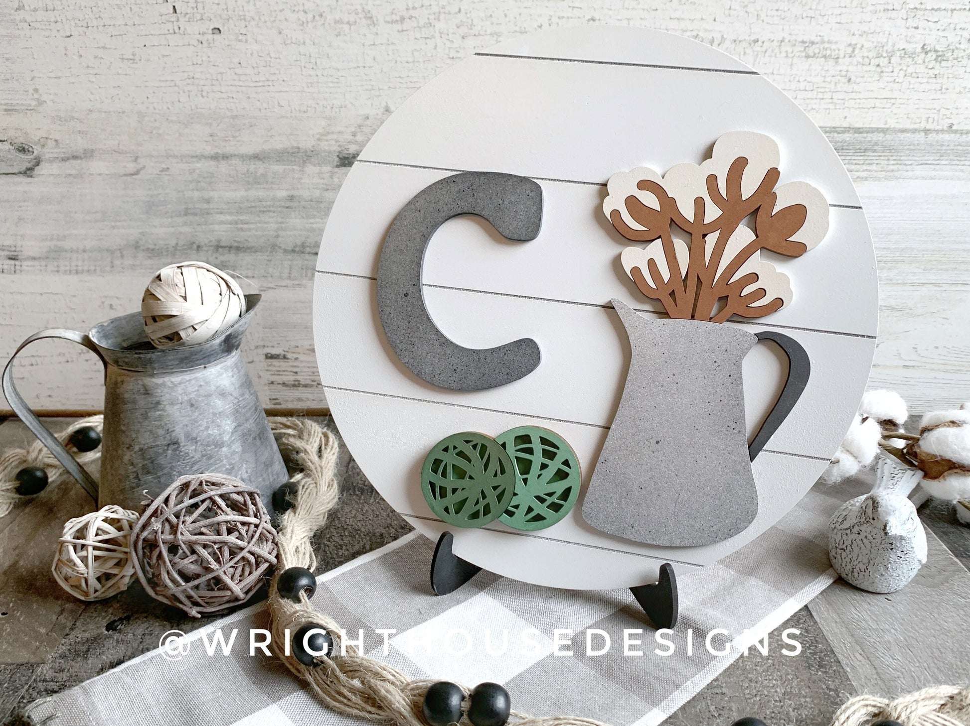 Southern Farmhouse Cotton - Galvanized Watering Can - Botanical Spheres - Personalized Monogram - Shiplap Style - Round Shelf Sitter Sign