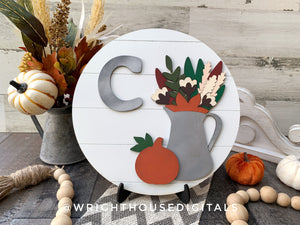 Autumn Farmhouse Foliage - Fall Pumpkin Season - Personalized Monogram - Shiplap Galvanized Style - Round Shelf Sitter Sign