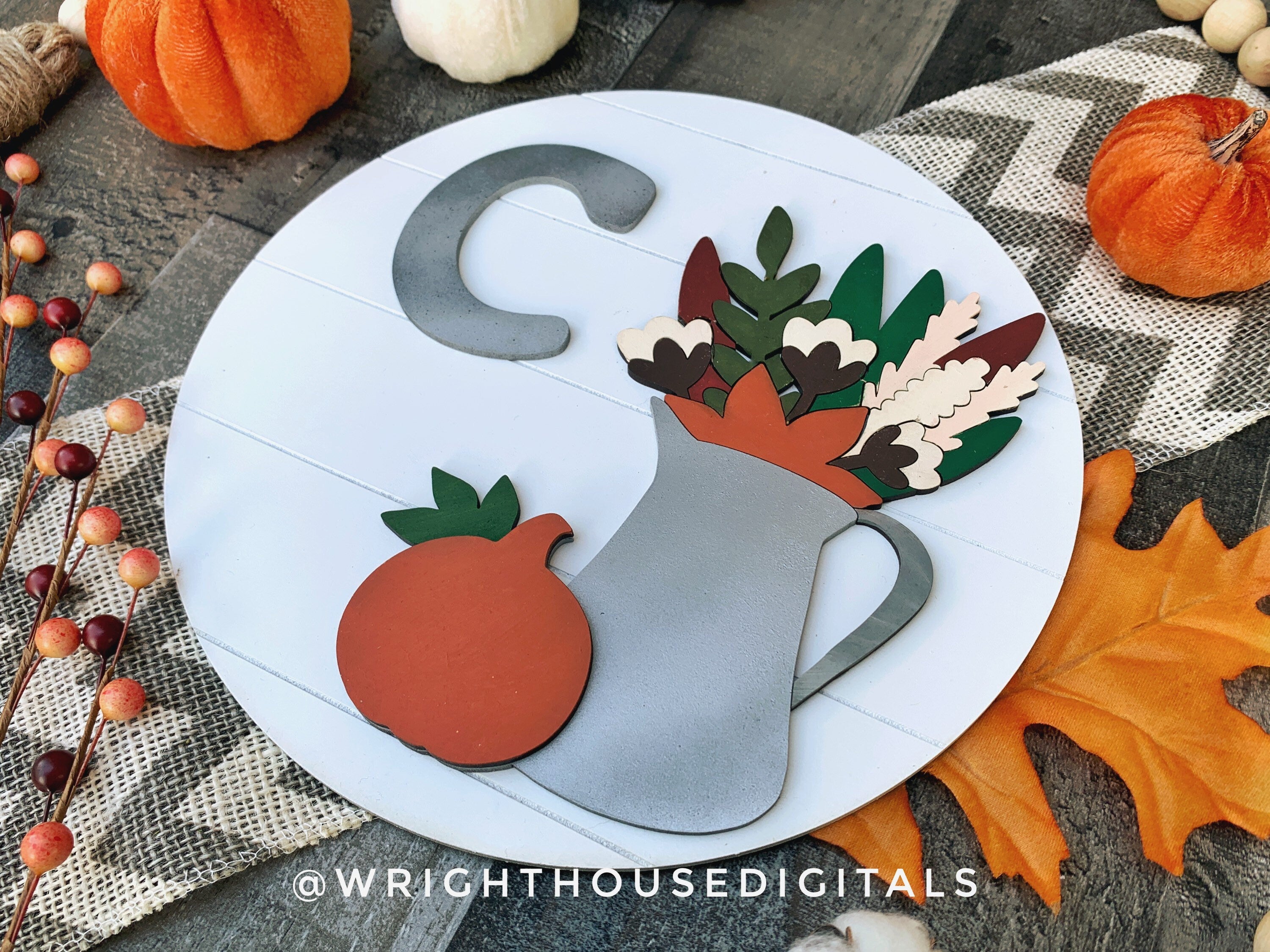 Autumn Farmhouse Foliage - Fall Pumpkin Season - Personalized Monogram - Shiplap Galvanized Style - Round Shelf Sitter Sign