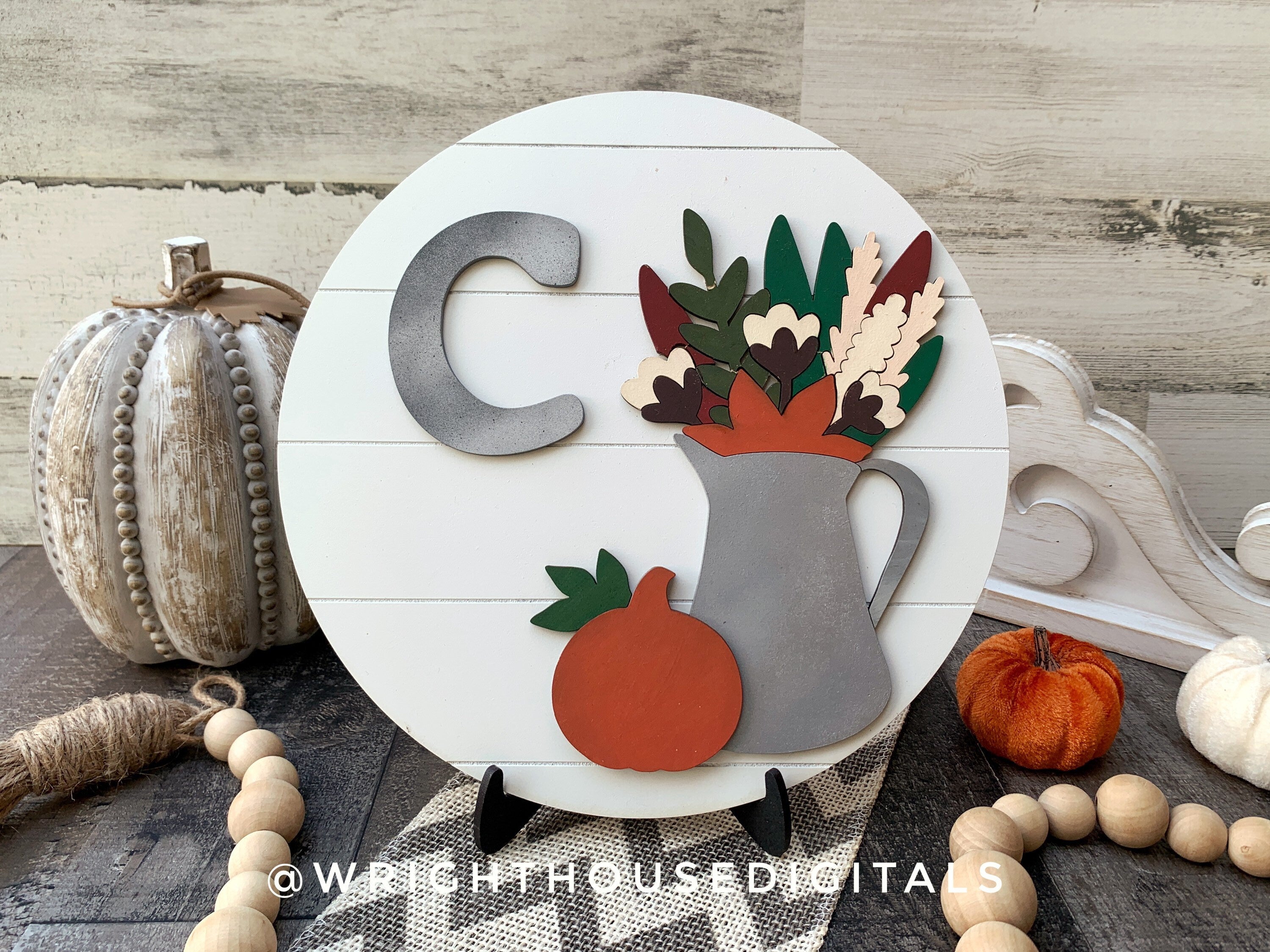 Autumn Farmhouse Foliage - Fall Pumpkin Season - Personalized Monogram - Shiplap Galvanized Style - Round Shelf Sitter Sign