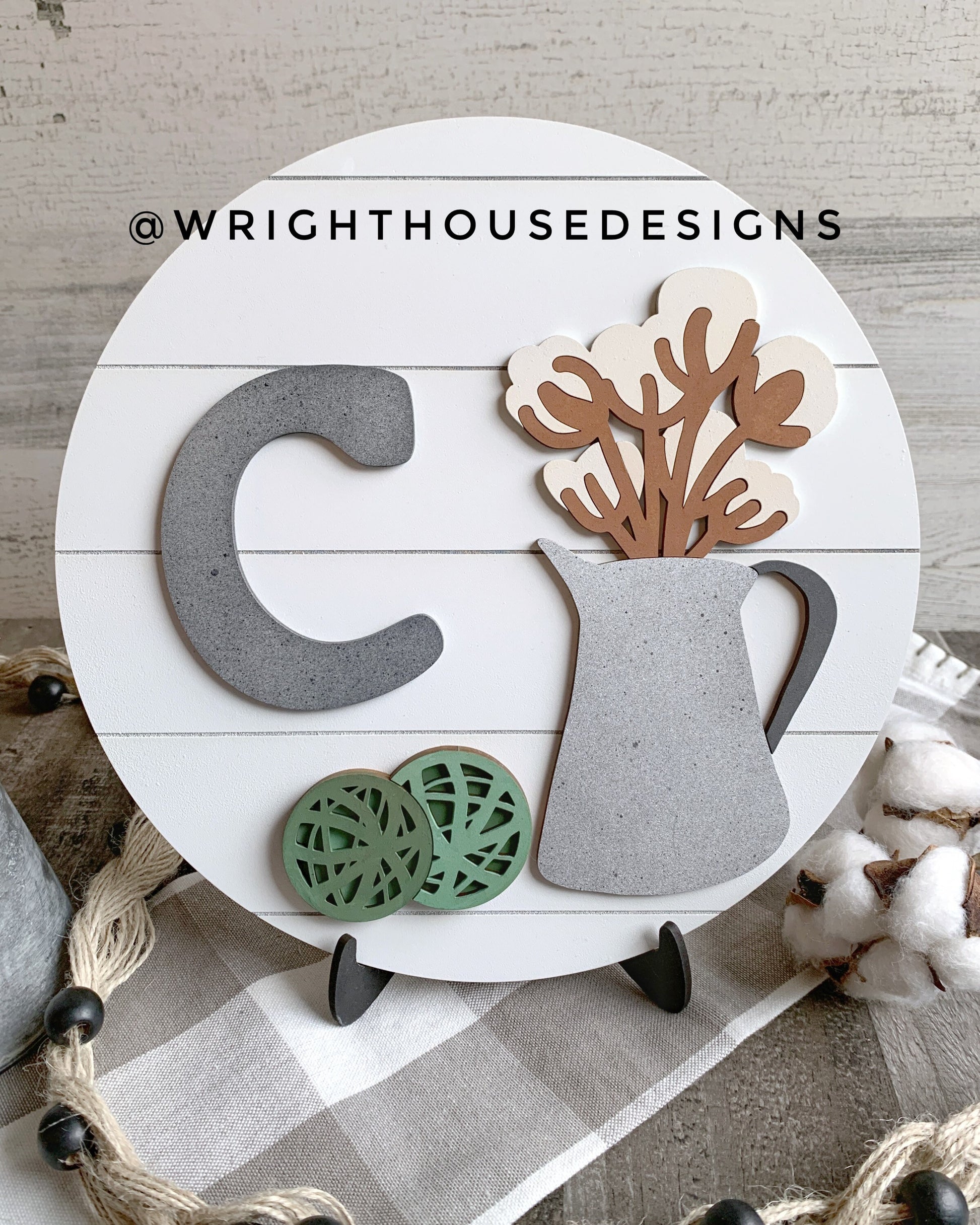 Southern Farmhouse Cotton - Galvanized Watering Can - Botanical Spheres - Personalized Monogram - Shiplap Style - Round Shelf Sitter Sign