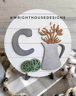 Load image into Gallery viewer, Southern Farmhouse Cotton - Galvanized Watering Can - Botanical Spheres - Personalized Monogram - Shiplap Style - Round Shelf Sitter Sign
