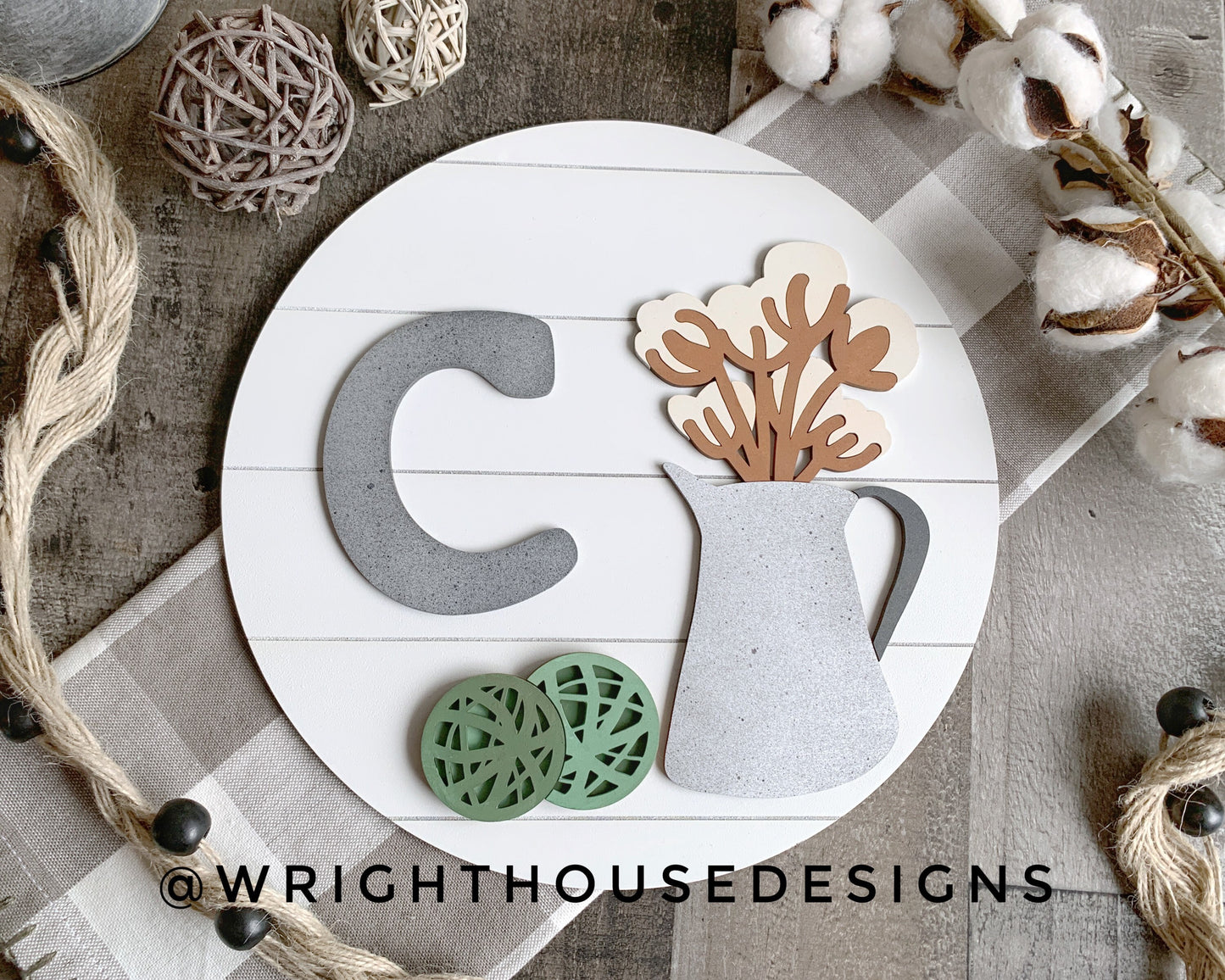 Southern Farmhouse Cotton - Galvanized Watering Can - Botanical Spheres - Personalized Monogram - Shiplap Style - Round Shelf Sitter Sign