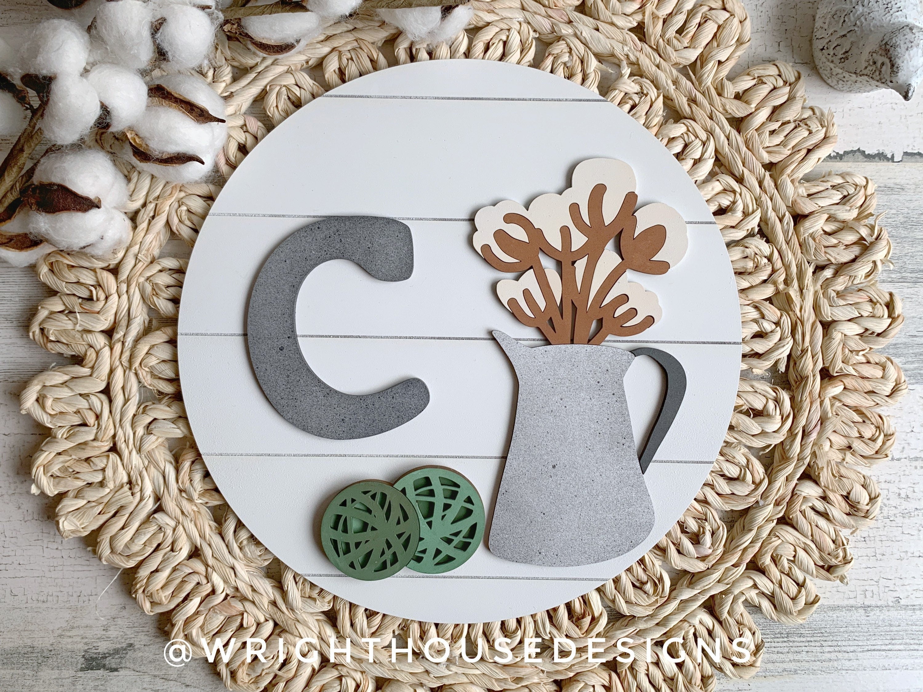 Southern Farmhouse Cotton - Galvanized Watering Can - Botanical Spheres - Personalized Monogram - Shiplap Style - Round Shelf Sitter Sign