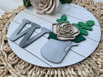 Load image into Gallery viewer, Southern Farmhouse Rose - Eucalyptus - Galvanized Style Milk Can - Personalized Monogram - Shiplap Round - Yearly Shelf Sitter Sign
