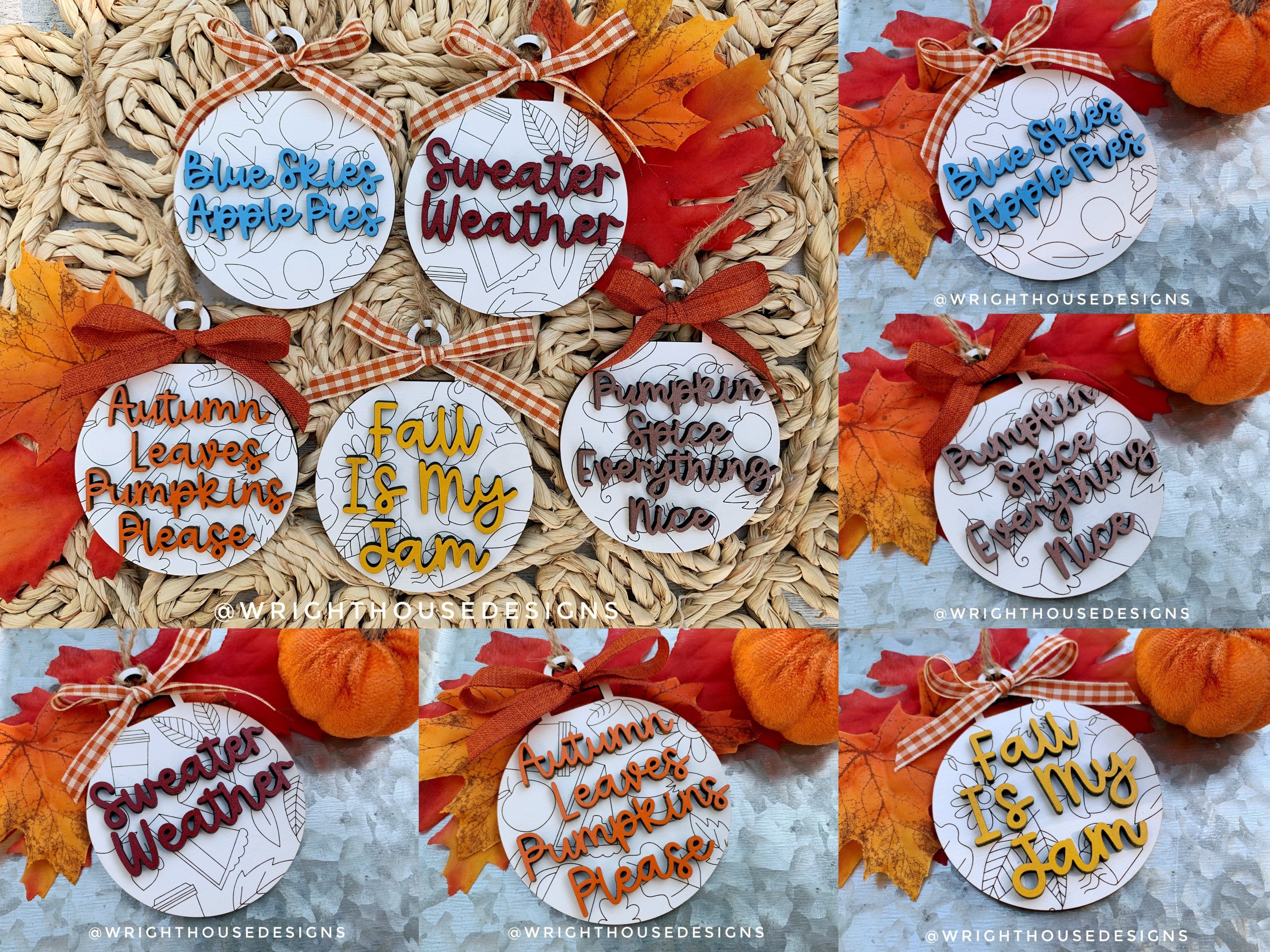 Autumn Pumpkin Season - Wooden Fall - Christmas Tree Ball Doodle Ornaments  - Seasonal Table Setting - Coffee Bar Decor - Tier Tray Accents