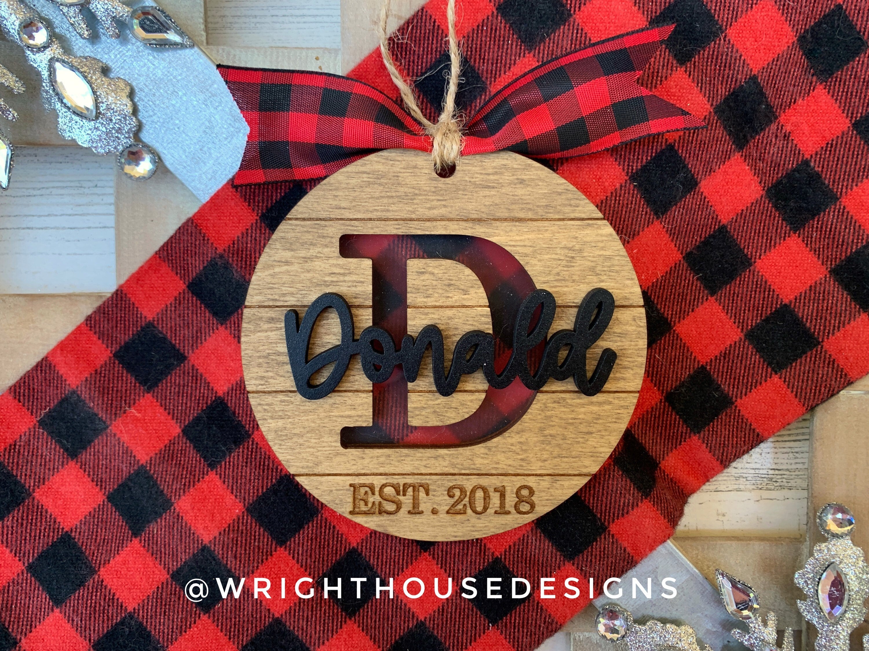 Personalized Monogram - Established Farmhouse Christmas Tree Ornament - Stained Wood - Acrylic - Shiplap Stocking Tag - Holiday Decor