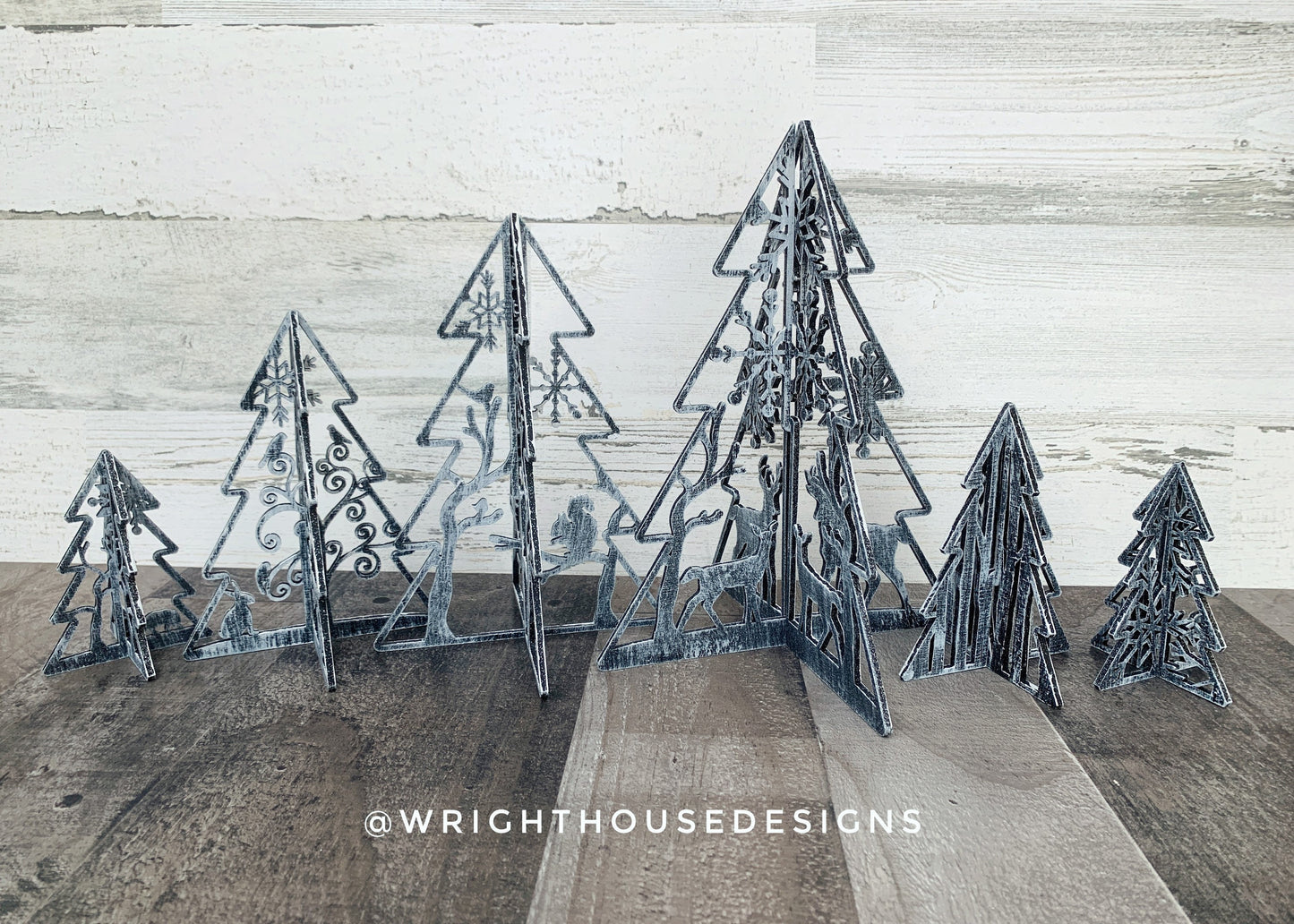 Winter Woodland 3D Interlocking Christmas Trees - Rustic Farmhouse - Laser Cut Wooden Holiday Decor - Fireplace Mantle -Winter Shelf Sitters
