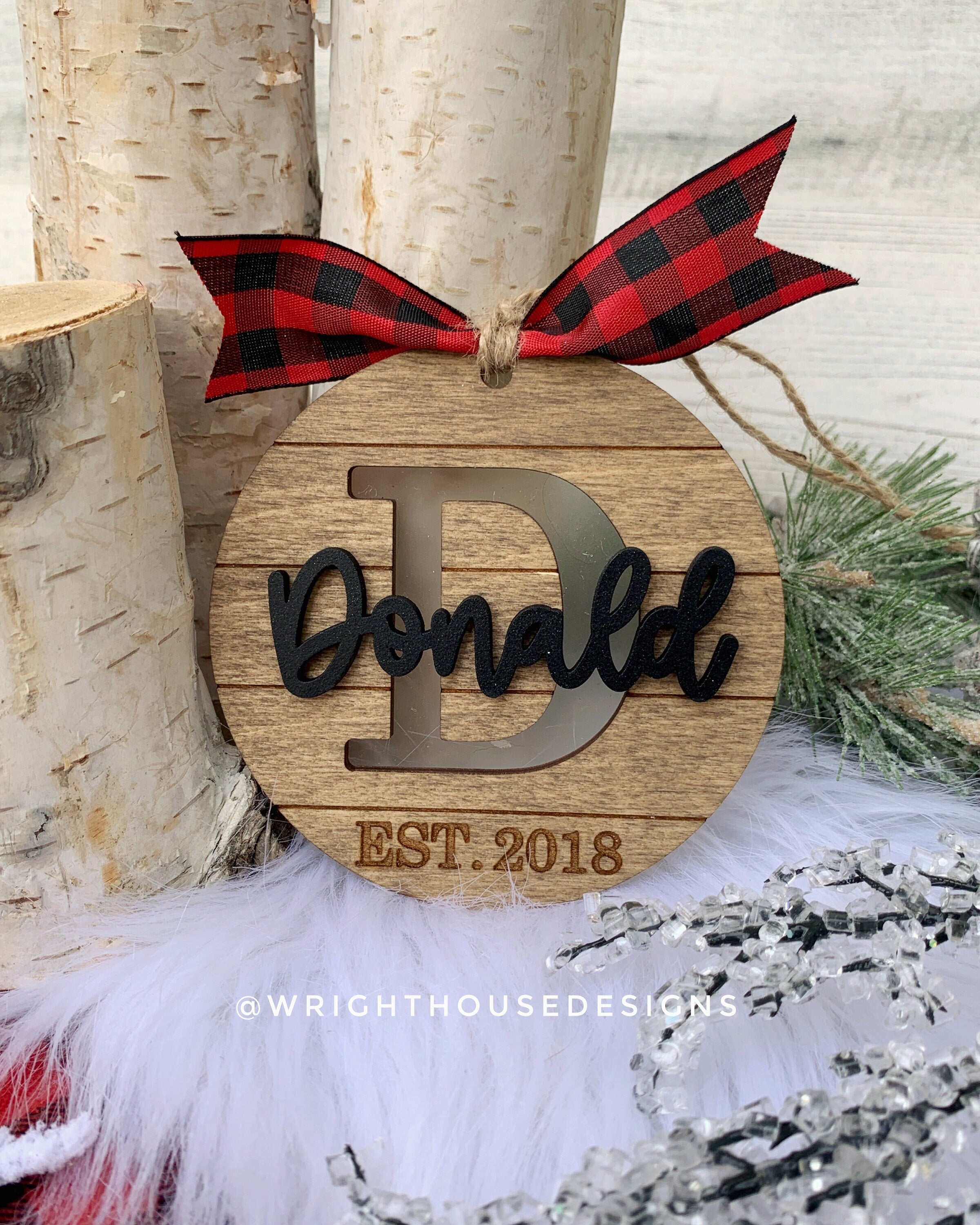 Personalized Monogram - Established Farmhouse Christmas Tree Ornament - Stained Wood - Acrylic - Shiplap Stocking Tag - Holiday Decor