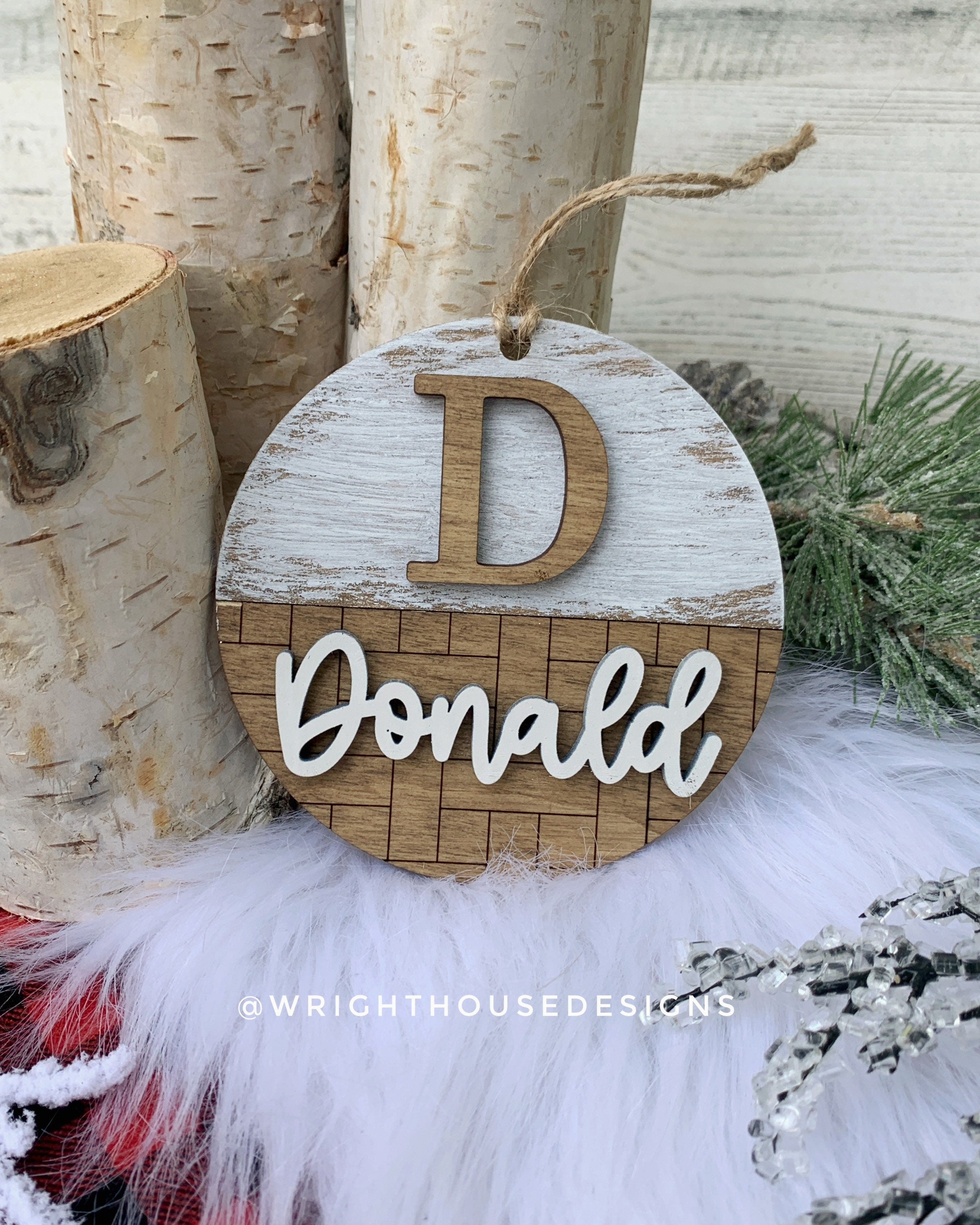 Personalized Name and Monogram - Pattern  Farmhouse Christmas Tree Ornament - Stained Wood - Stocking and Gift Tags - Holiday Decor