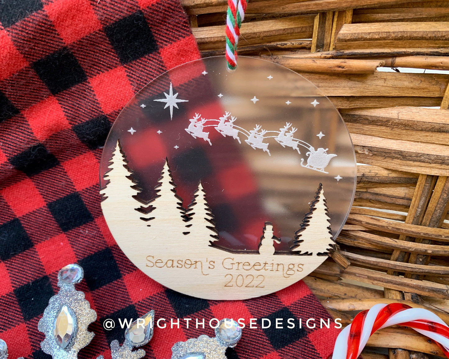 Santa’s Sleigh - Snowman Winter Sky Scene - Yearly Christmas Eve Tree Ornament - Layered Wood and Acrylic - Stocking Tag - Holiday Decor