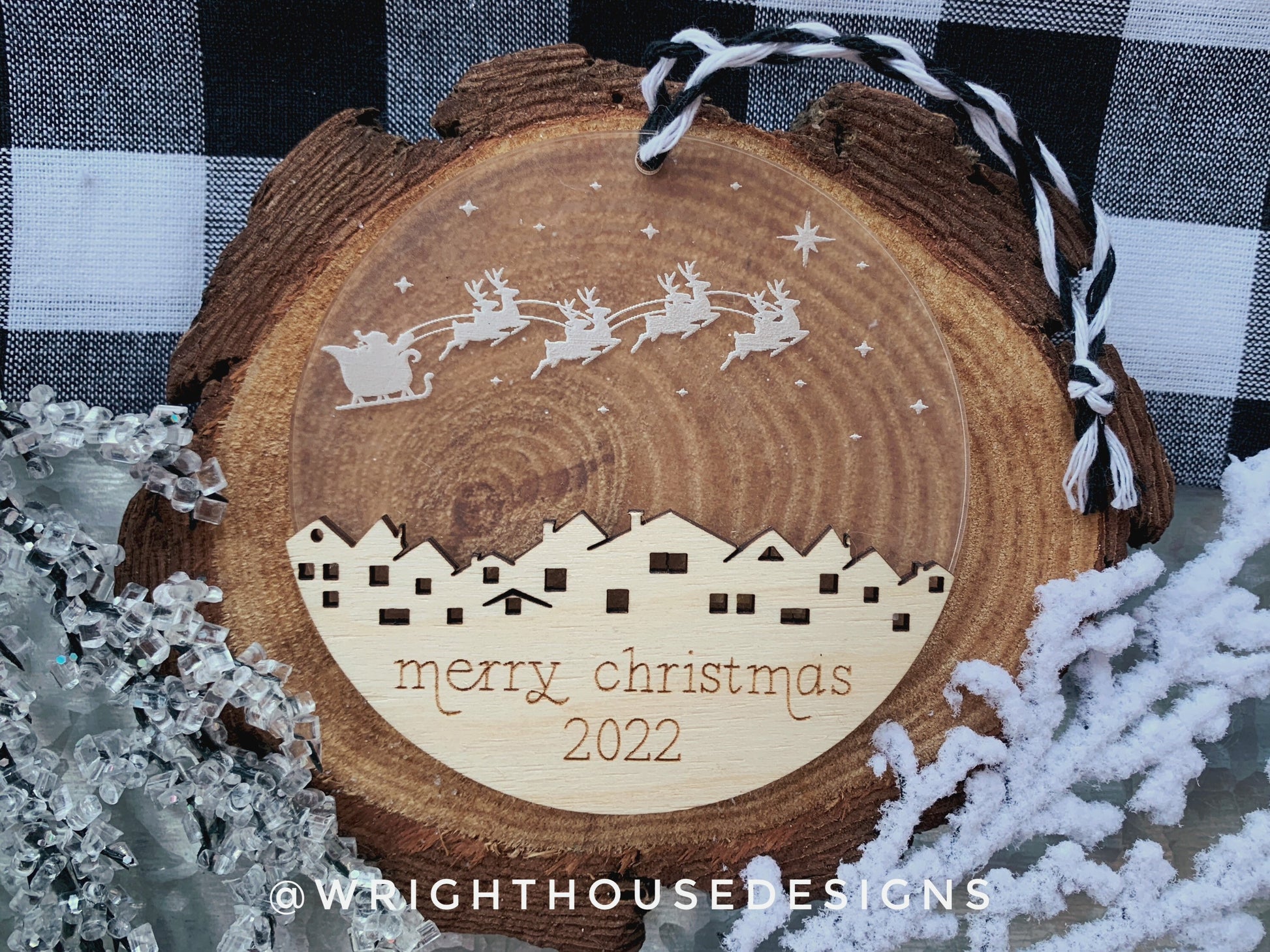 Santa’s Sleigh - Cityscape Winter Sky Scene - Yearly Christmas Eve Tree Ornament - Layered Wood and Acrylic - Stocking Tag - Holiday Decor