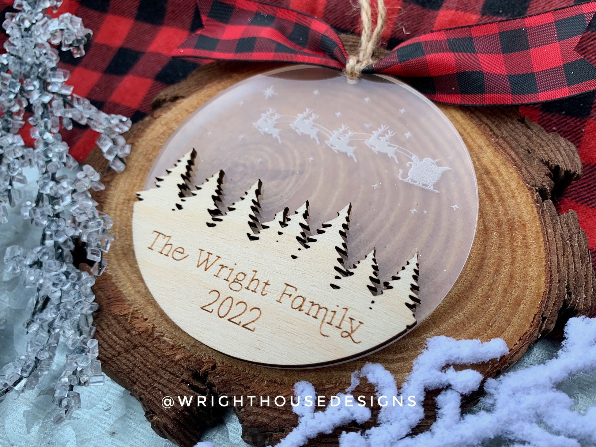 Santa’s Sleigh - Woodland Winter Sky Scene - Yearly Christmas Eve Tree Ornament - Layered Wood and Acrylic - Stocking Tag - Holiday Decor
