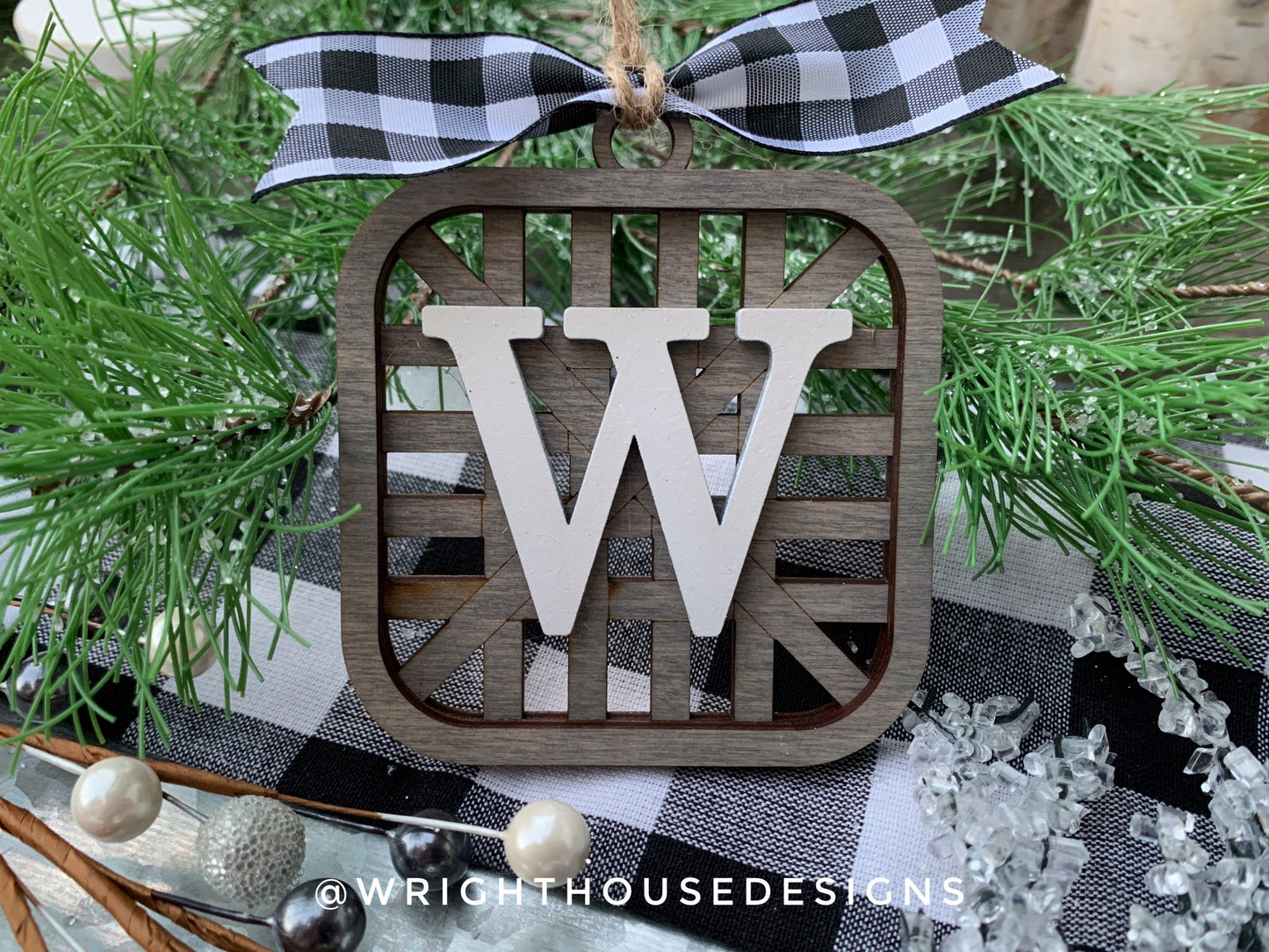 Wooden Tabacco Basket - Personalized Monogram - Rustic Farmhouse Christmas Tree Ornament - Stocking Tags - Stained Wood - Holiday Decor