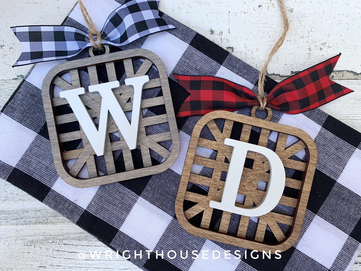 Wooden Tabacco Basket - Personalized Monogram - Rustic Farmhouse Christmas Tree Ornament - Stocking Tags - Stained Wood - Holiday Decor