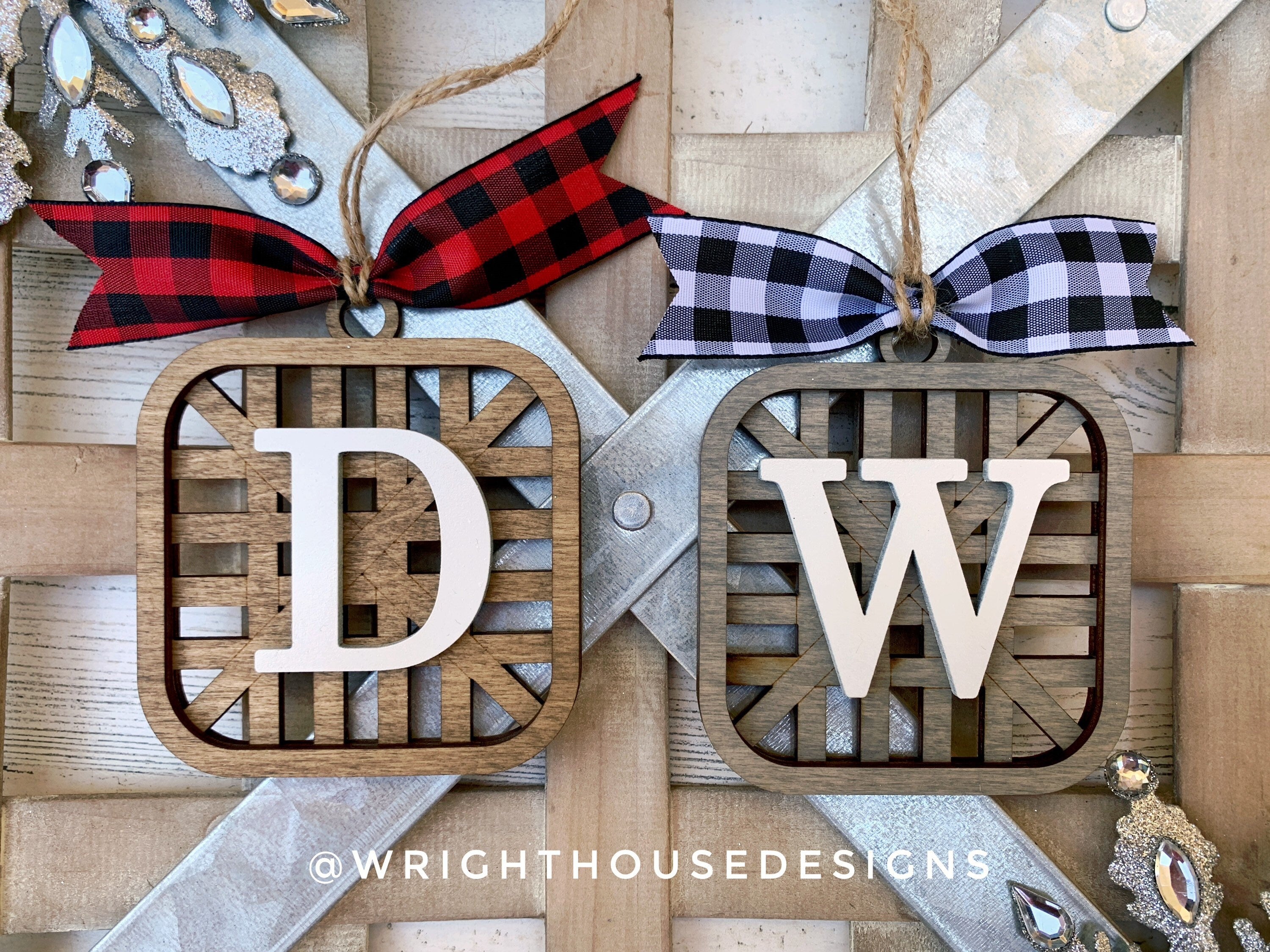 Wooden Tabacco Basket - Personalized Monogram - Rustic Farmhouse Christmas Tree Ornament - Stocking Tags - Stained Wood - Holiday Decor