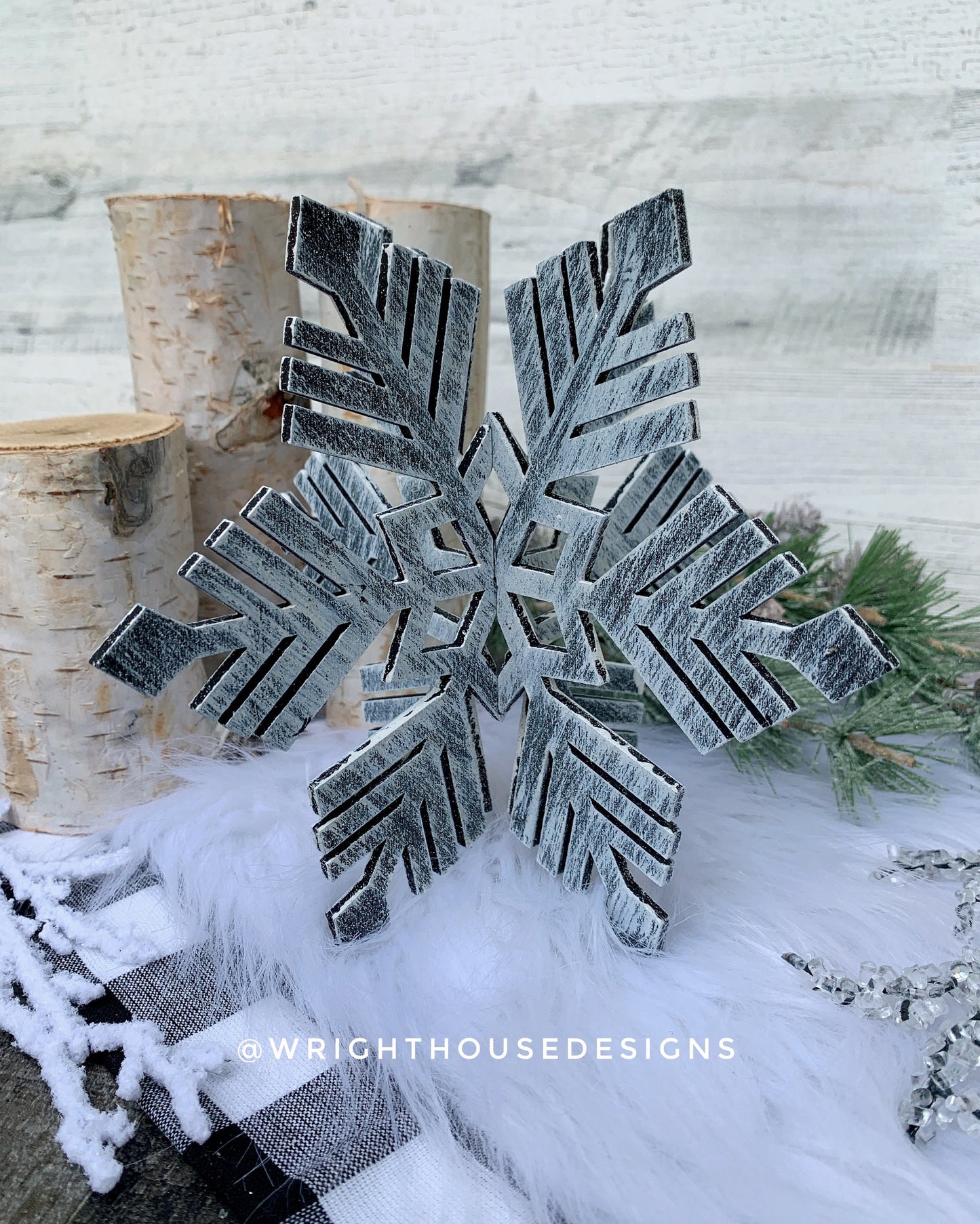 Winter 3D Interlocking Christmas Snowflakes - Large Set - Rustic Farmhouse - Laser Cut Wooden Holiday Decor - Fireplace Mantle Shelf Sitters