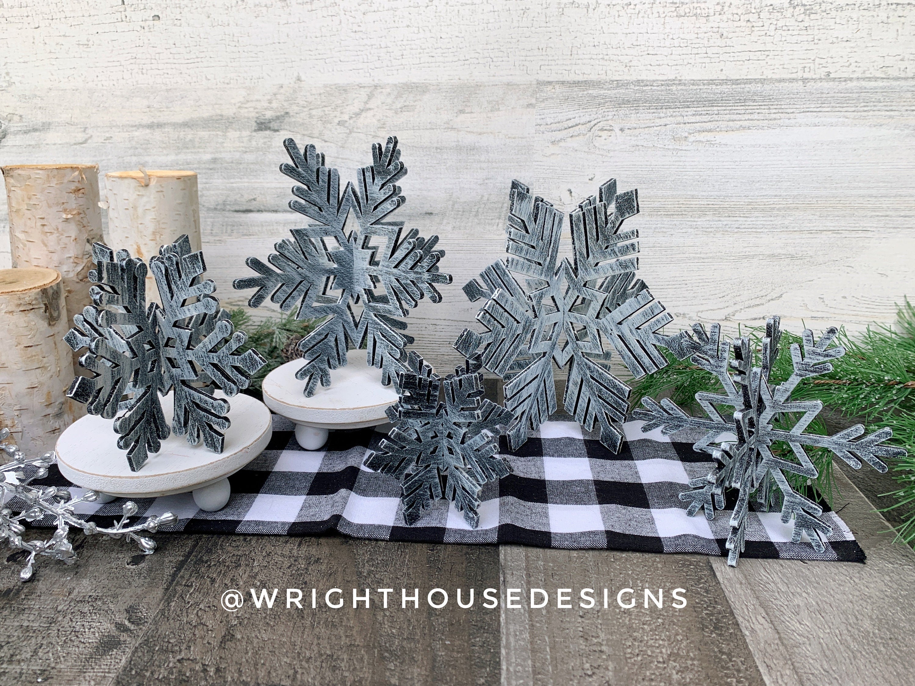 Winter 3D Interlocking Christmas Snowflakes - Medium Set - Rustic Farmhouse - Laser Cut Wooden Holiday Decor - Fireplace Mantle Shelf Sitter