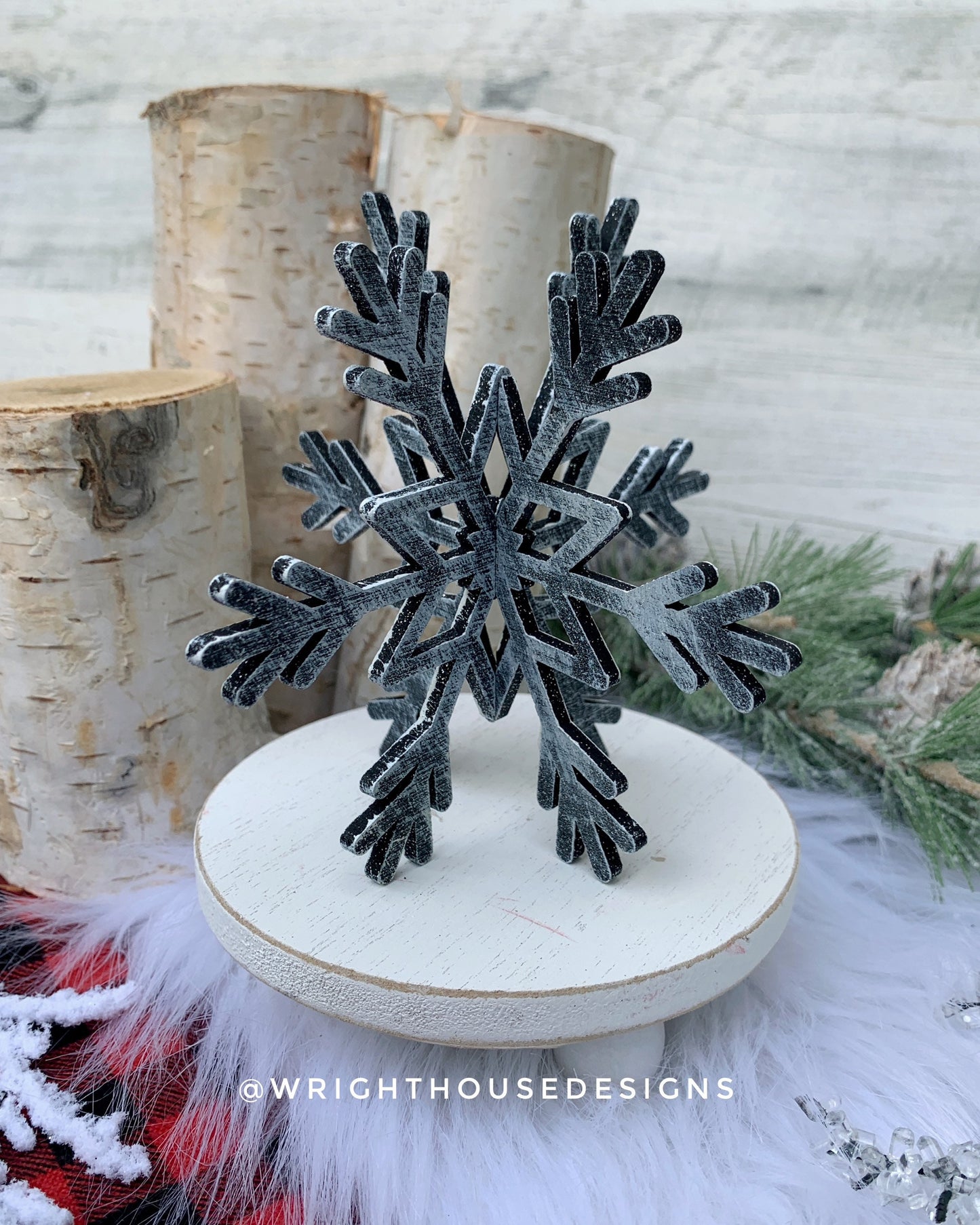 Winter 3D Interlocking Christmas Snowflakes - Medium Set - Rustic Farmhouse - Laser Cut Wooden Holiday Decor - Fireplace Mantle Shelf Sitter