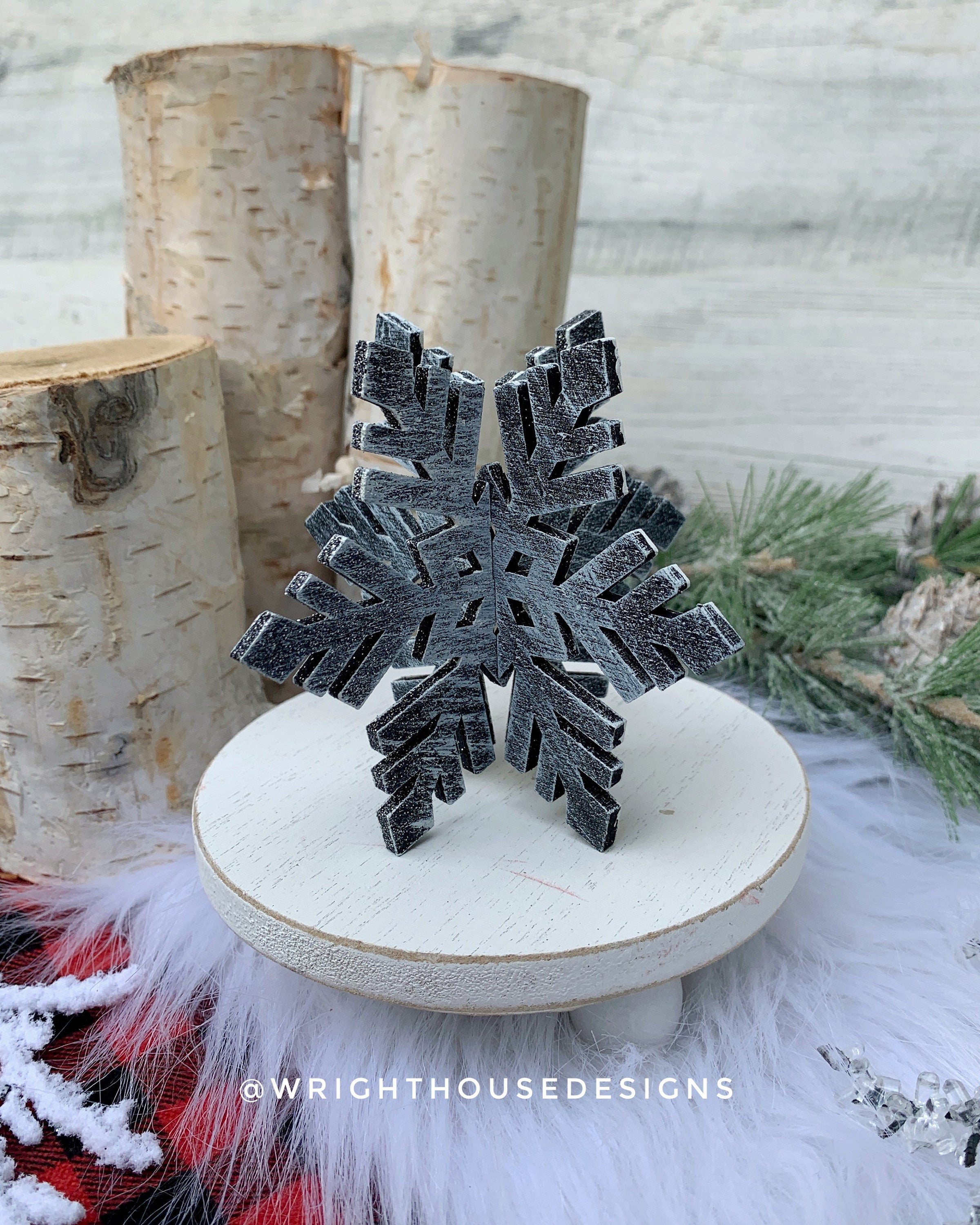 Winter 3D Interlocking Christmas Snowflakes - Medium Set - Rustic Farmhouse - Laser Cut Wooden Holiday Decor - Fireplace Mantle Shelf Sitter
