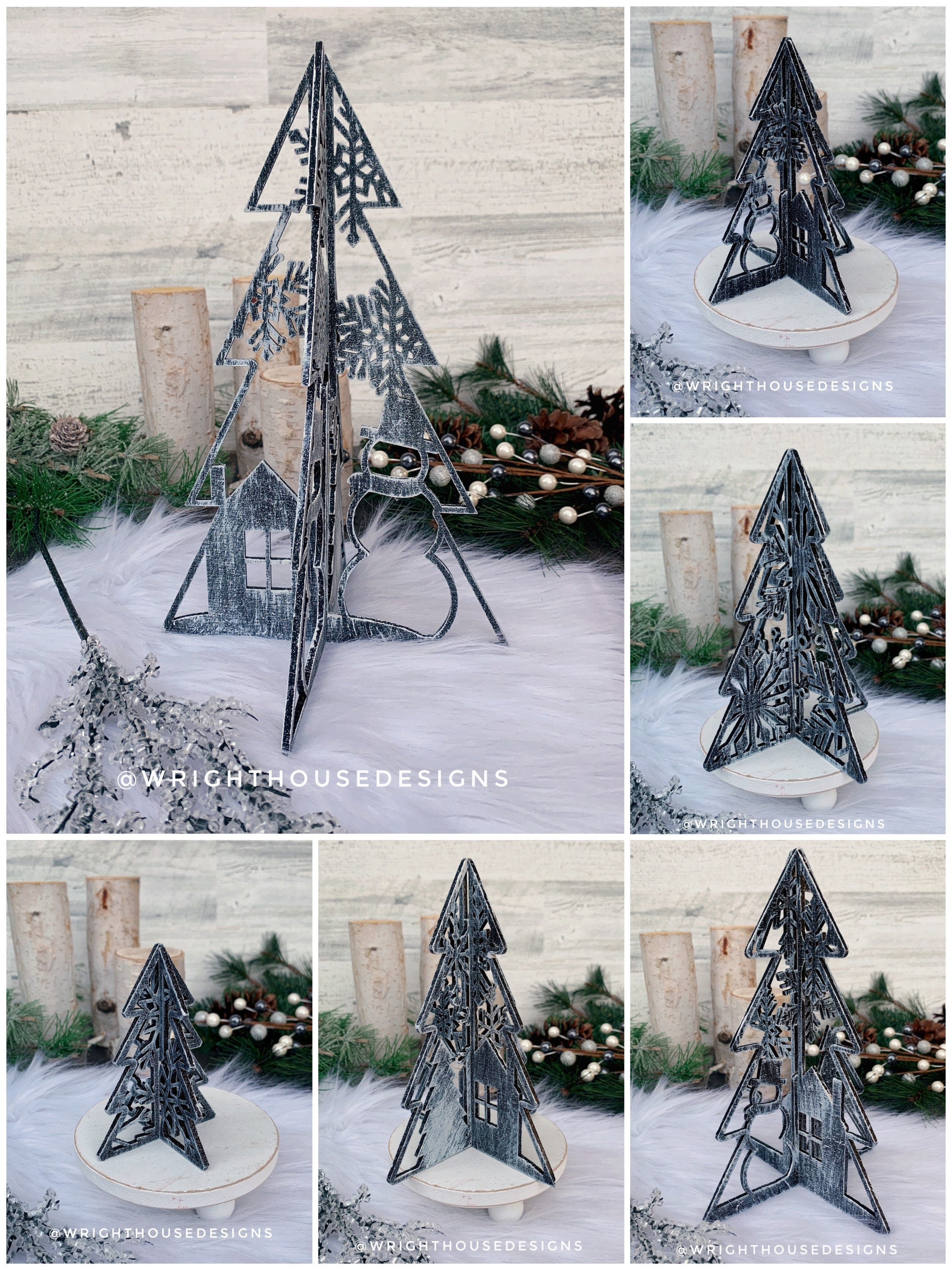 Winter Snowman - 3D Interlocking Christmas Trees - Rustic Farmhouse - Laser Cut Wooden Holiday Decor - Fireplace Mantle - Shelf Sitters