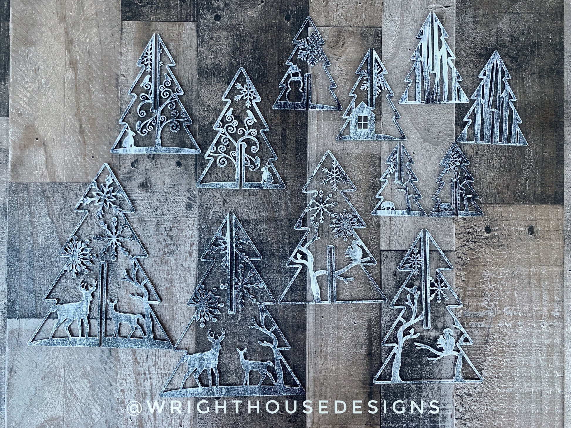 Winter Woodland 3D Interlocking Christmas Trees - Rustic Farmhouse - Laser Cut Wooden Holiday Decor - Fireplace Mantle -Winter Shelf Sitters