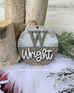 Personalized Name and Monogram - Pattern  Farmhouse Christmas Tree Ornament - Stained Wood - Stocking and Gift Tags - Holiday Decor