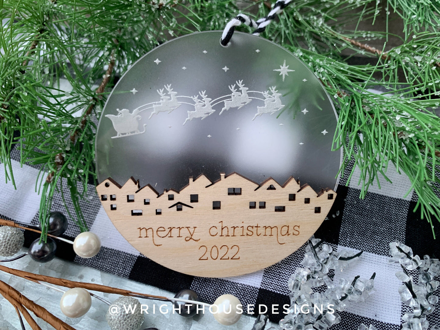 Santa’s Sleigh - Cityscape Winter Sky Scene - Yearly Christmas Eve Tree Ornament - Layered Wood and Acrylic - Stocking Tag - Holiday Decor