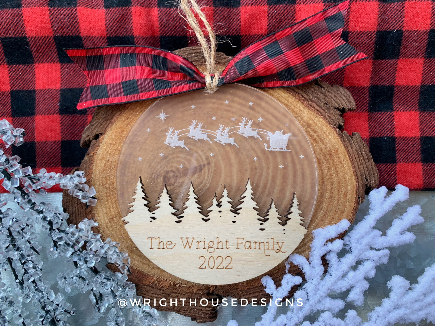 Santa’s Sleigh - Woodland Winter Sky Scene - Yearly Christmas Eve Tree Ornament - Layered Wood and Acrylic - Stocking Tag - Holiday Decor