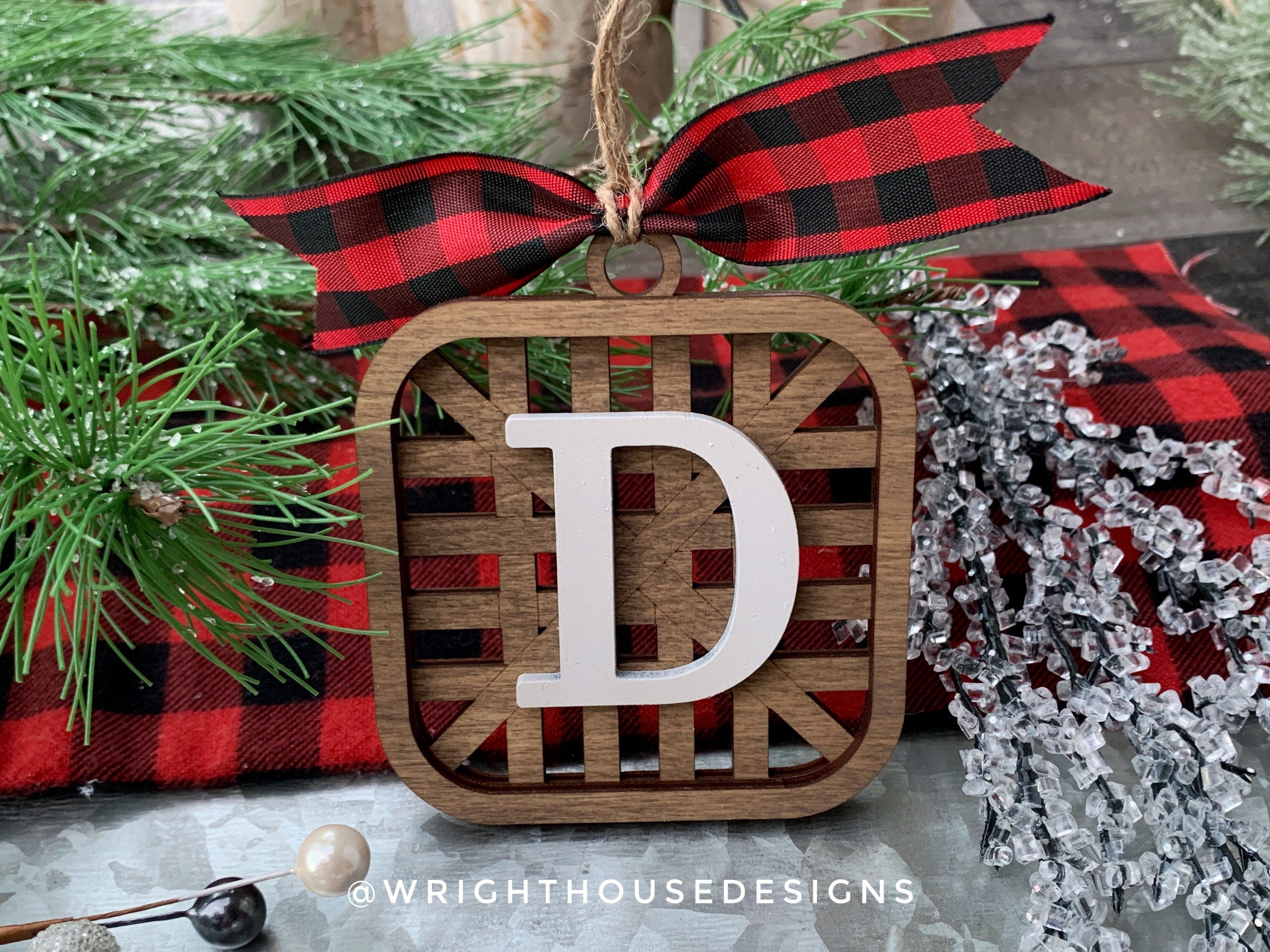 Wooden Tabacco Basket - Personalized Monogram - Rustic Farmhouse Christmas Tree Ornament - Stocking Tags - Stained Wood - Holiday Decor