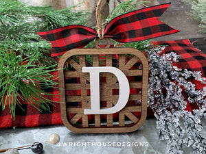 Wooden Tabacco Basket - Personalized Monogram - Rustic Farmhouse Christmas Tree Ornament - Stocking Tags - Stained Wood - Holiday Decor