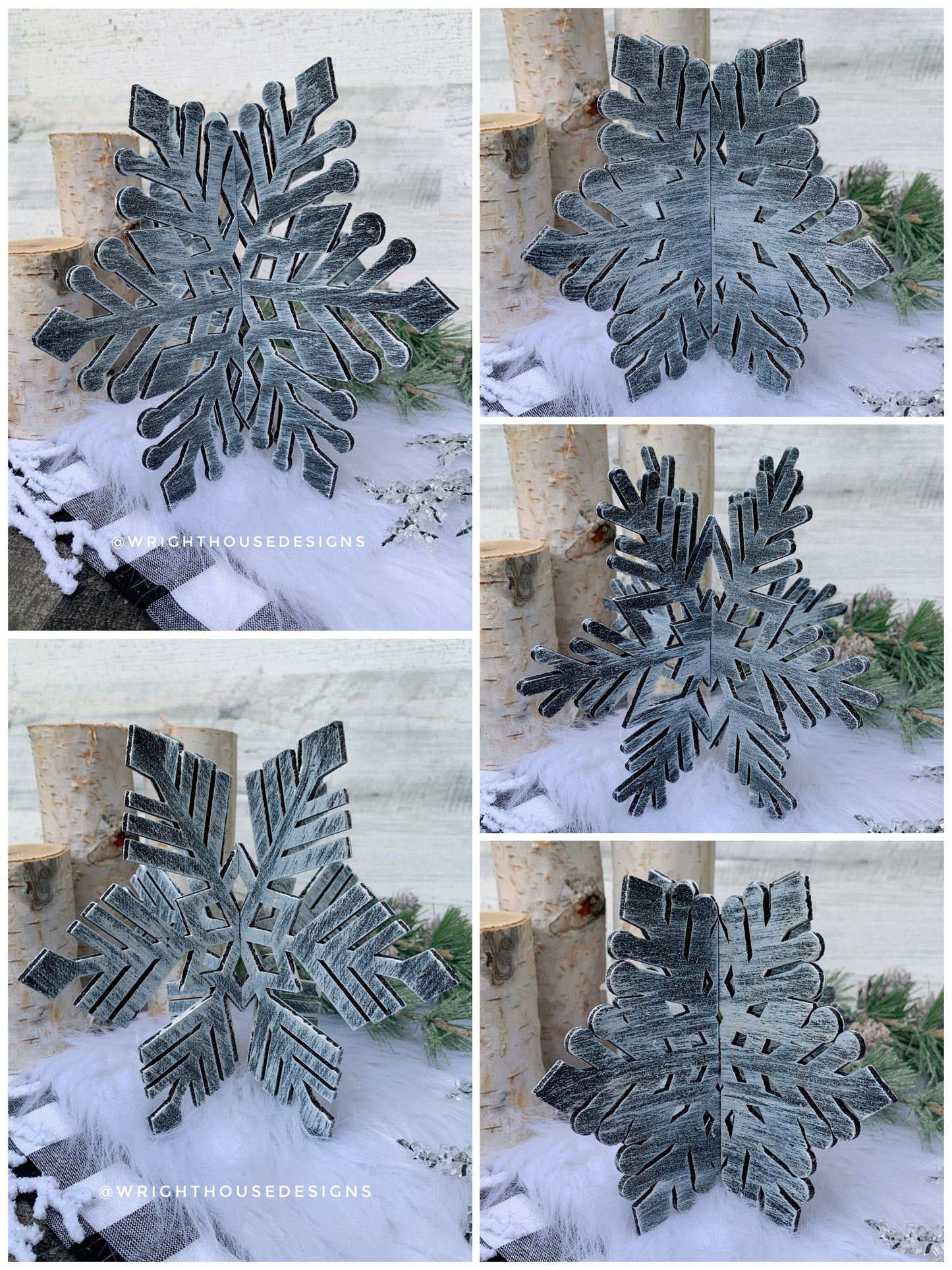Winter 3D Interlocking Christmas Snowflakes - Large Set - Rustic Farmhouse - Laser Cut Wooden Holiday Decor - Fireplace Mantle Shelf Sitters