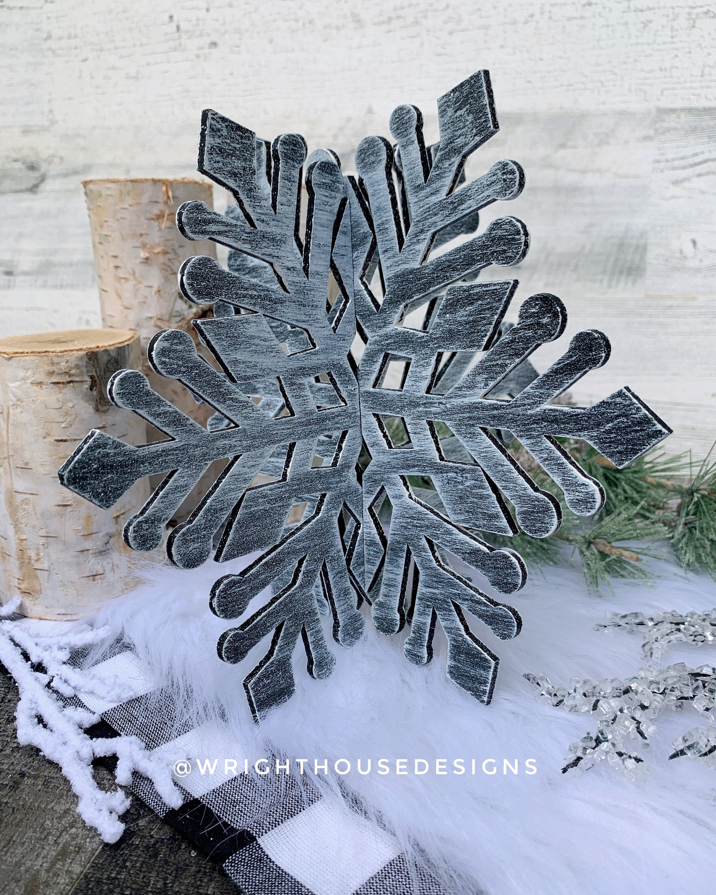 Winter 3D Interlocking Christmas Snowflakes - Large Set - Rustic Farmhouse - Laser Cut Wooden Holiday Decor - Fireplace Mantle Shelf Sitters