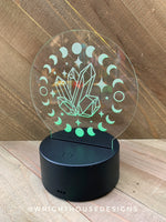 Load image into Gallery viewer, Engraved Acrylic LED Light Base - Moon Phase and Crystals - Witchy Decor - Desk Light - Interchangeable Nightlight
