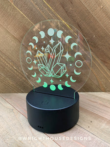 Engraved Acrylic LED Light Base - Moon Phase and Crystals - Witchy Decor - Desk Light - Interchangeable Nightlight