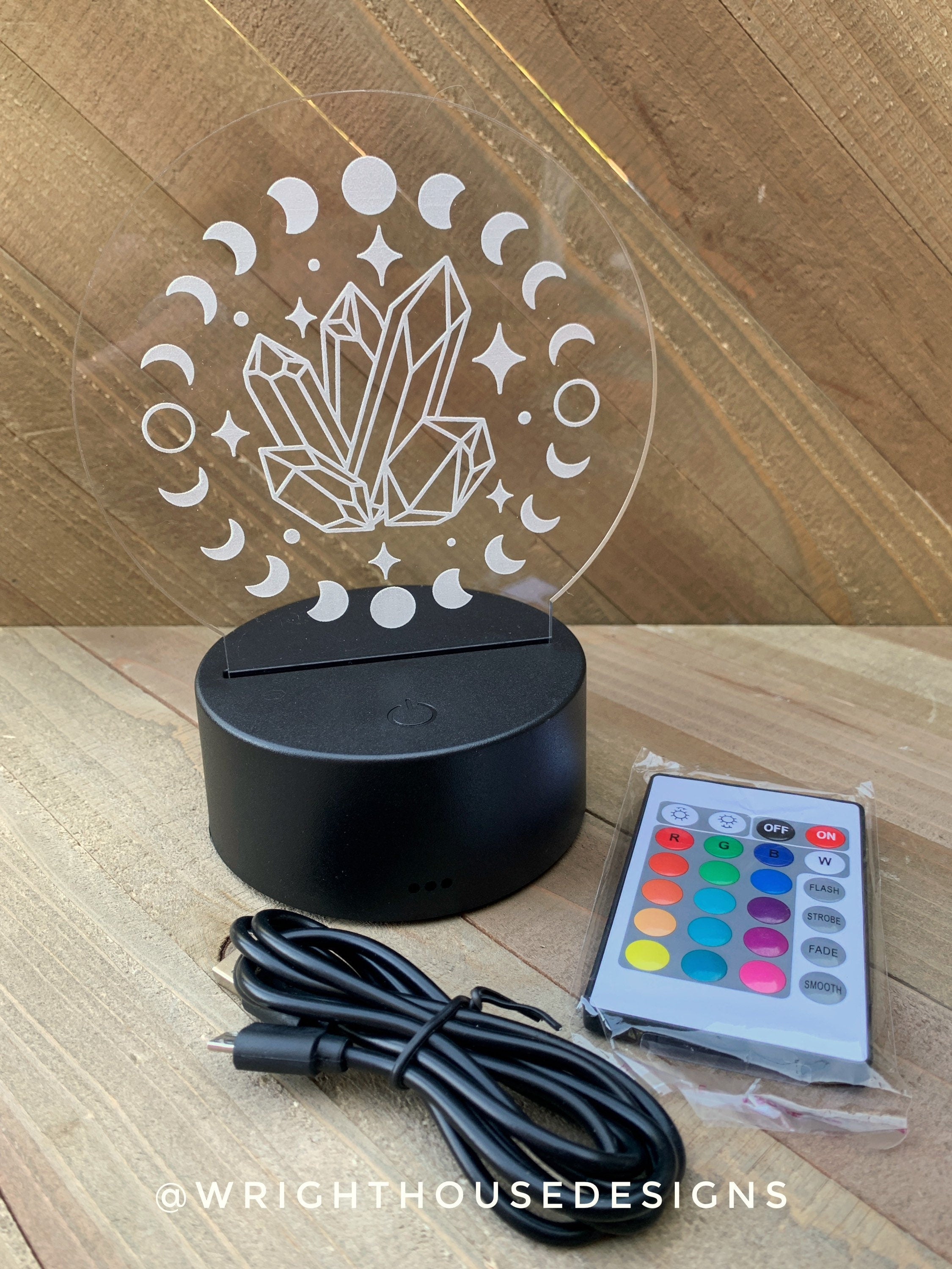 Engraved Acrylic LED Light Base - Moon Phase and Crystals - Witchy Decor - Desk Light - Interchangeable Nightlight
