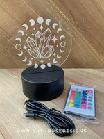 Load image into Gallery viewer, Engraved Acrylic LED Light Base - Moon Phase and Crystals - Witchy Decor - Desk Light - Interchangeable Nightlight
