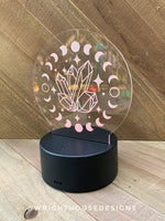 Load image into Gallery viewer, Engraved Acrylic LED Light Base - Moon Phase and Crystals - Witchy Decor - Desk Light - Interchangeable Nightlight
