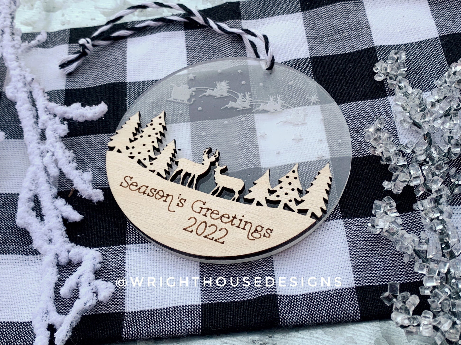 Santa’s Sleigh - Winter Woodland Deer Scene - Yearly Christmas Eve Tree Ornament - Layered Wood and Acrylic - Stocking Tag - Holiday Decor