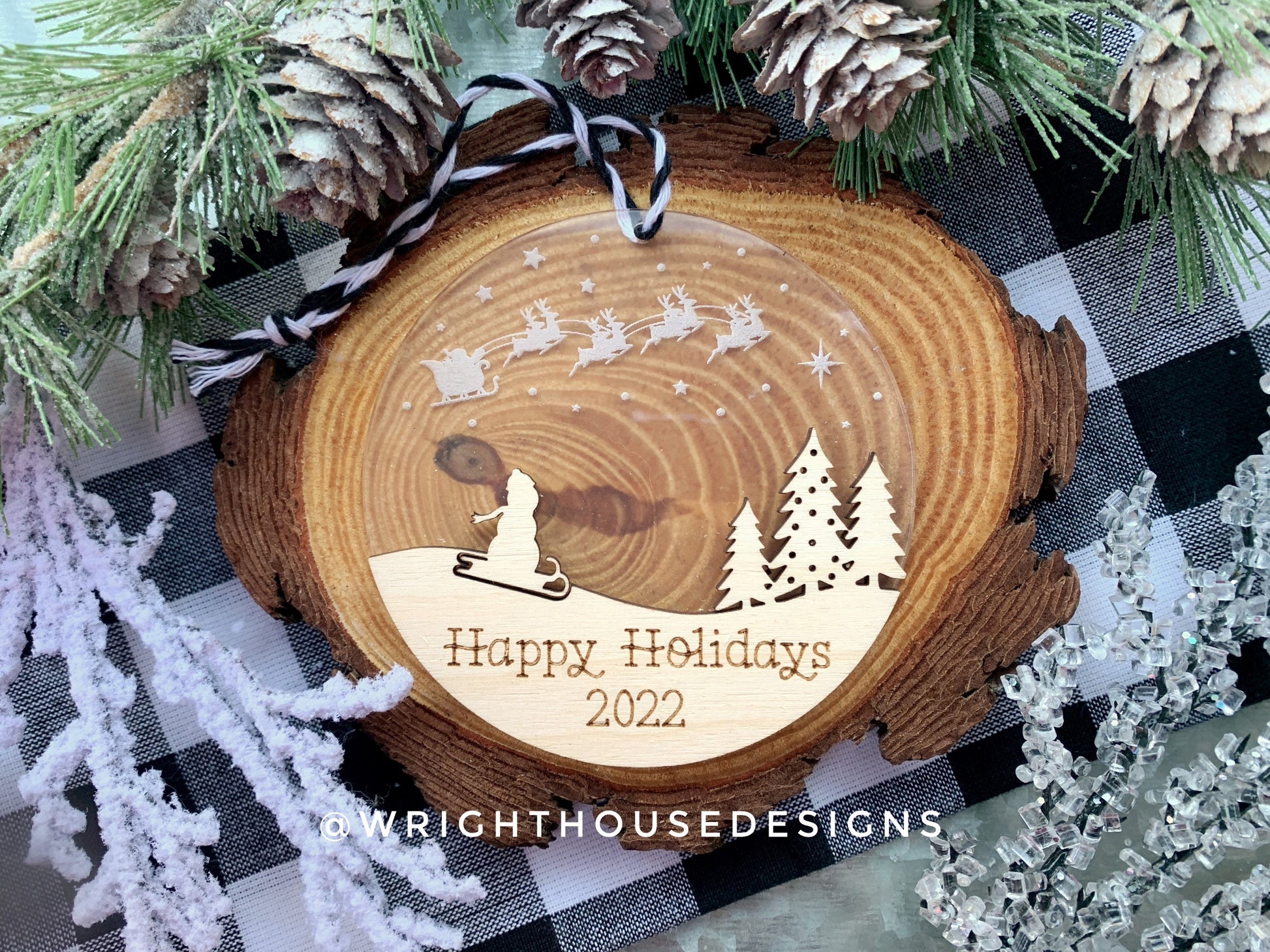 Santa’s Sleigh - Sledding Snowman Winter Scene - Yearly Christmas Eve Tree Ornament - Layered Wood and Acrylic - Stocking Tag -Holiday Decor